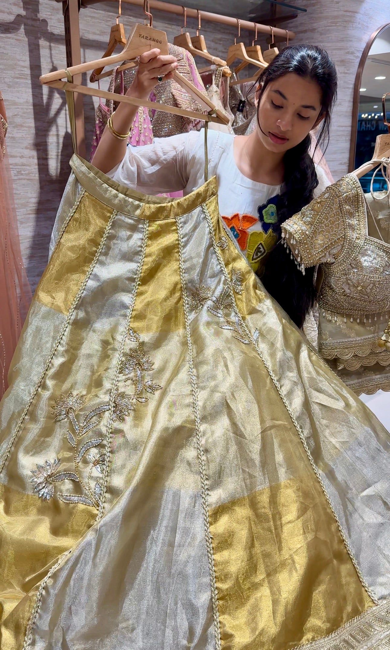 Gold and silver tissue zari lehenga