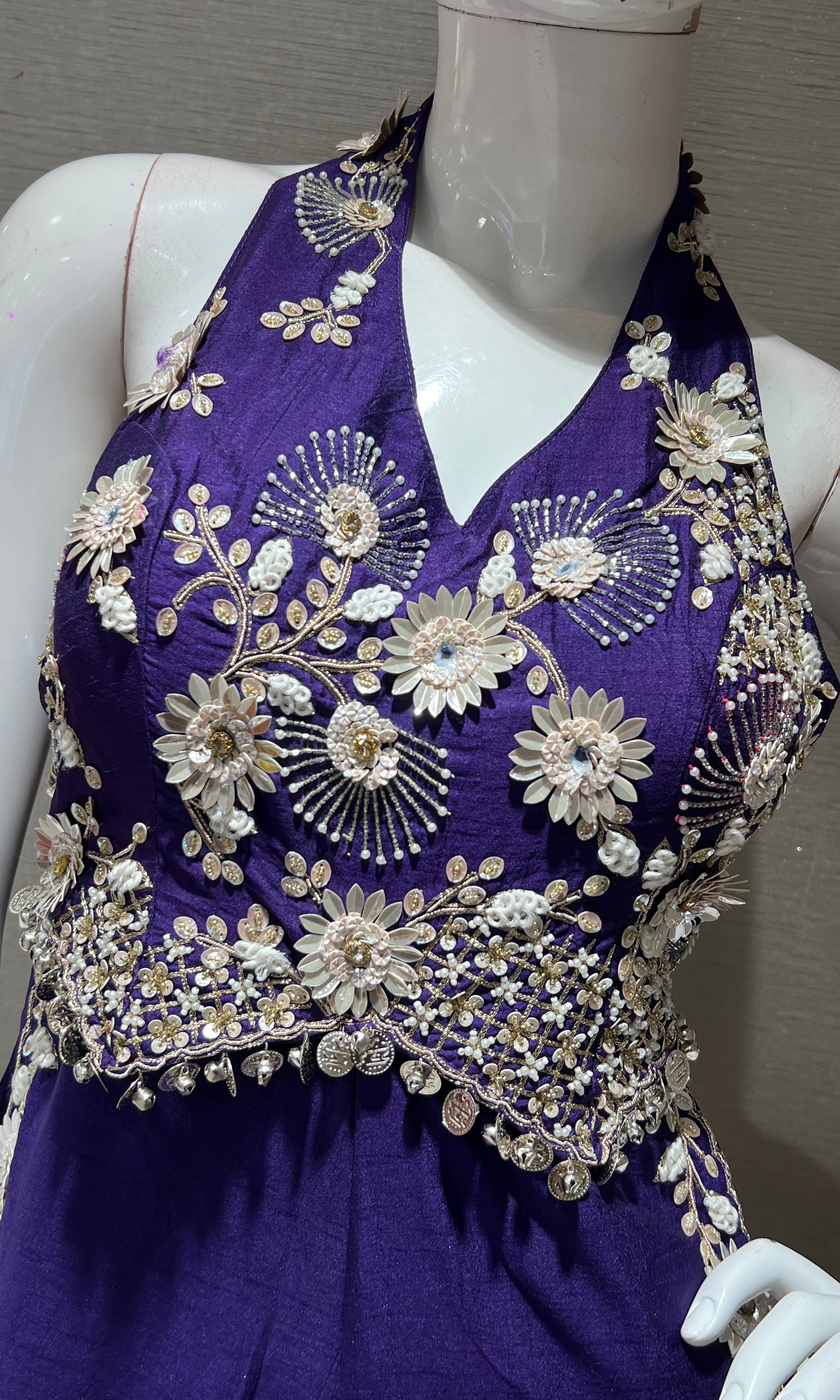 halter neck  Purple jumpsuit with floral embroidery