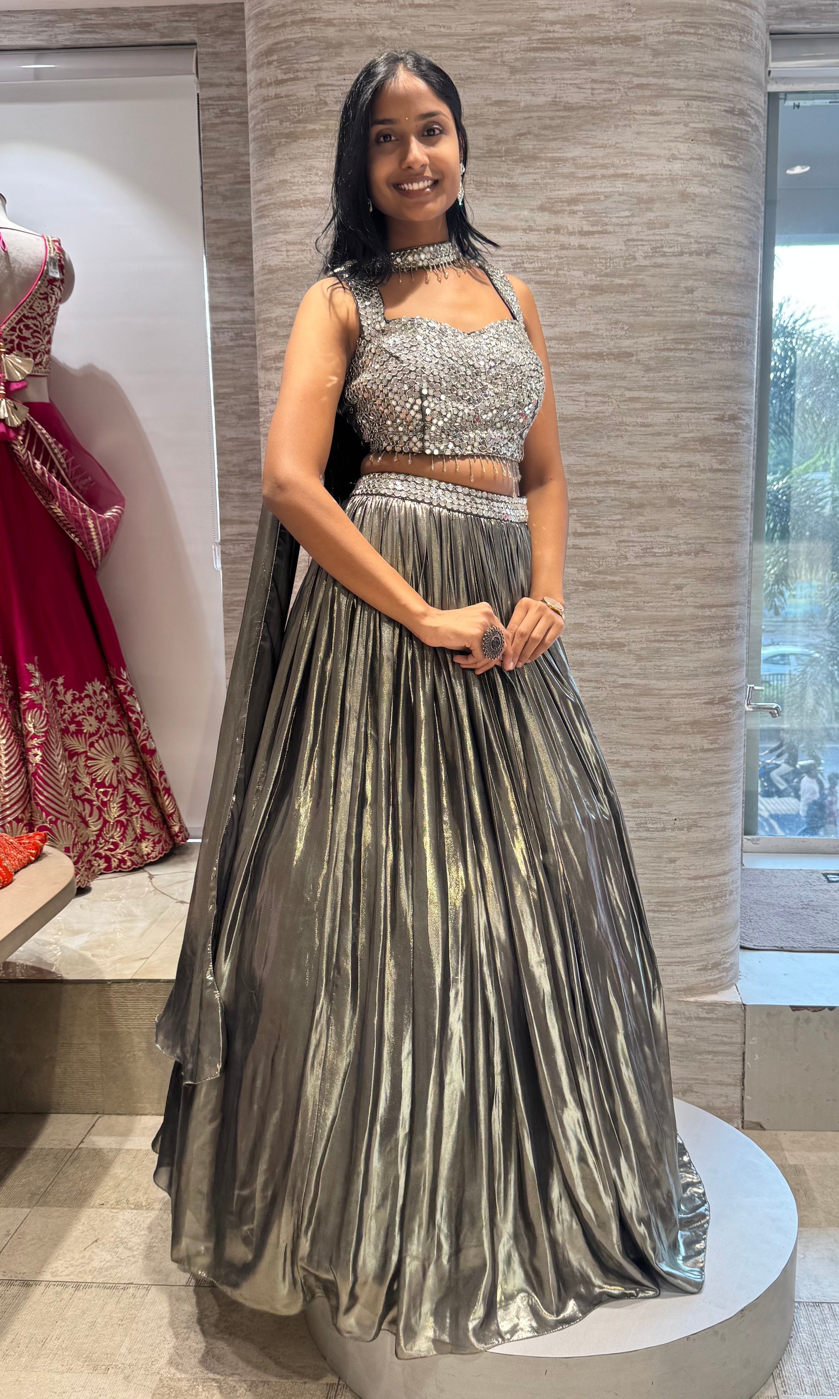 OLIVE GREEN pleated metallic LEHENGA SET