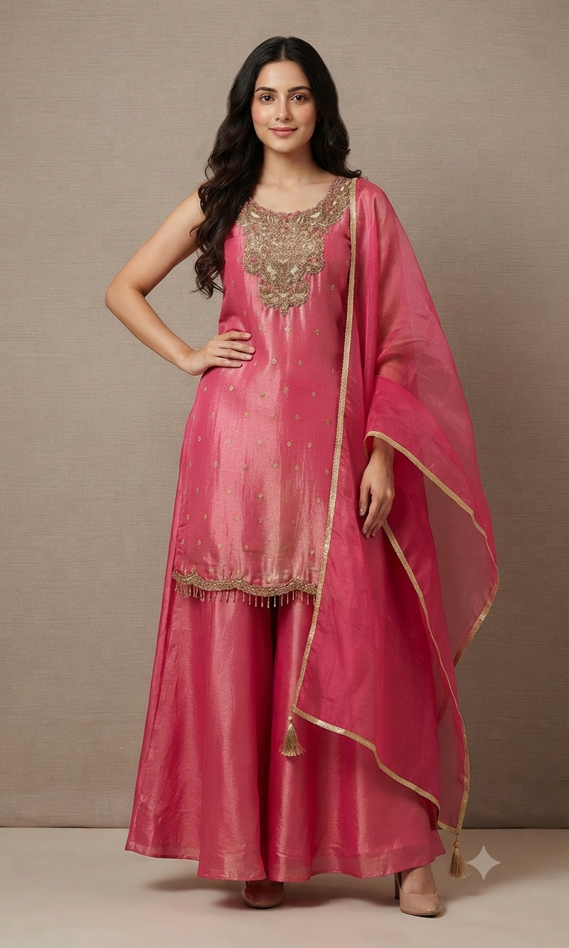 Rani Gold Tissue silk Embroidered Sharara Set