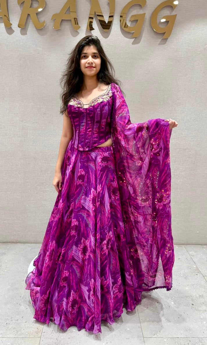 FUSCHIA PURPLE ABSTRACT CORSET LEHENGA