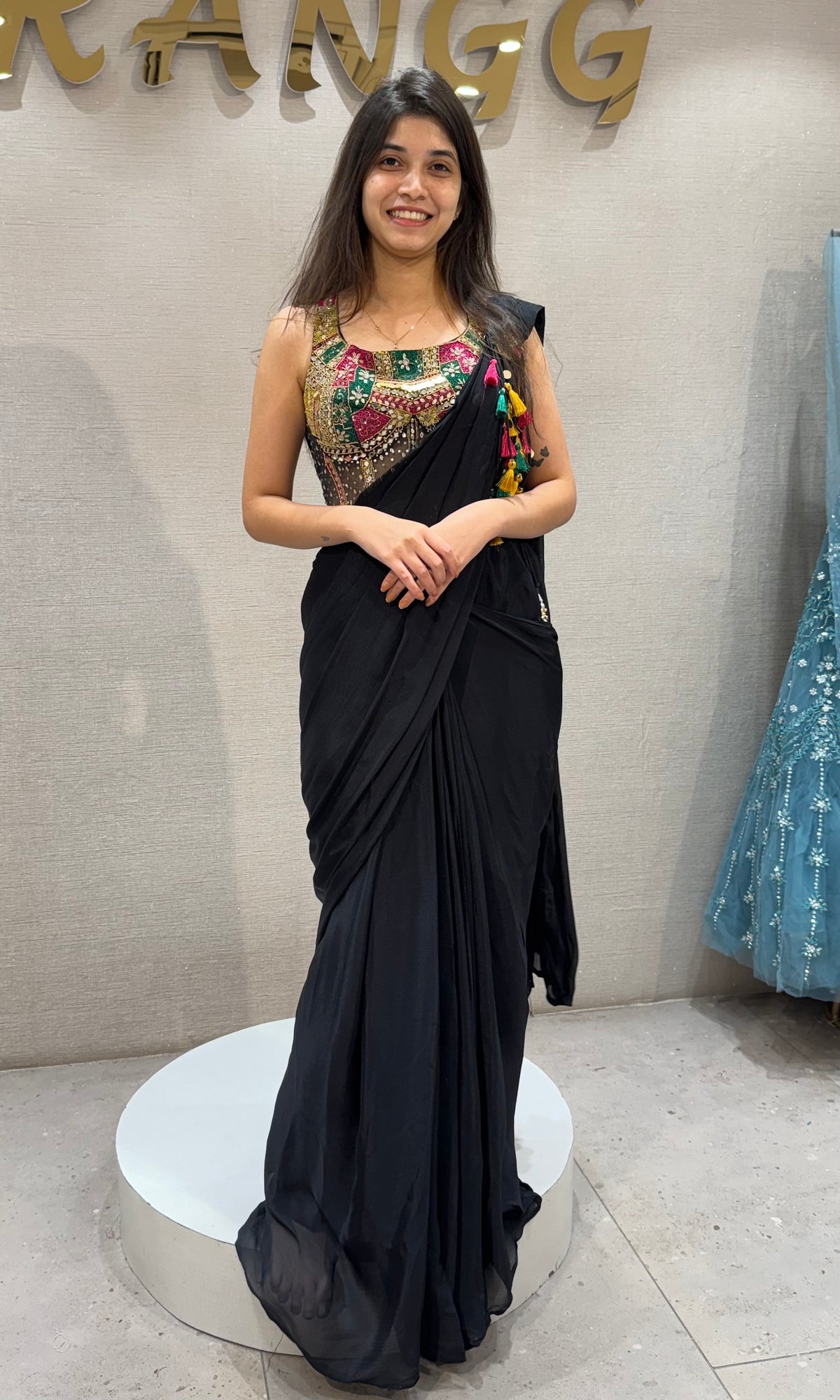 Black georgette drape Saree with Multicolor Embroidered Blouse