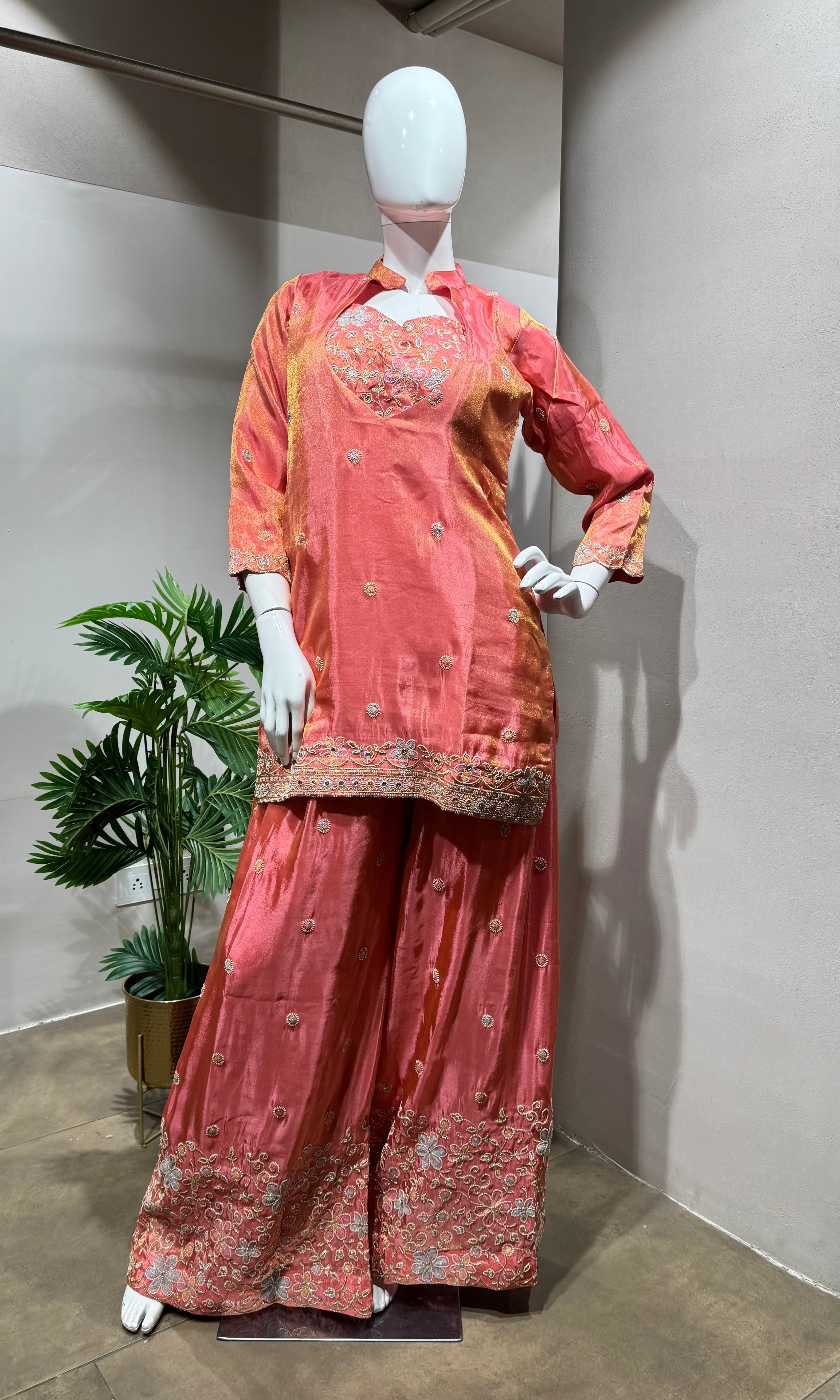 PINK Embroidered Coral PALAZZO Suit
