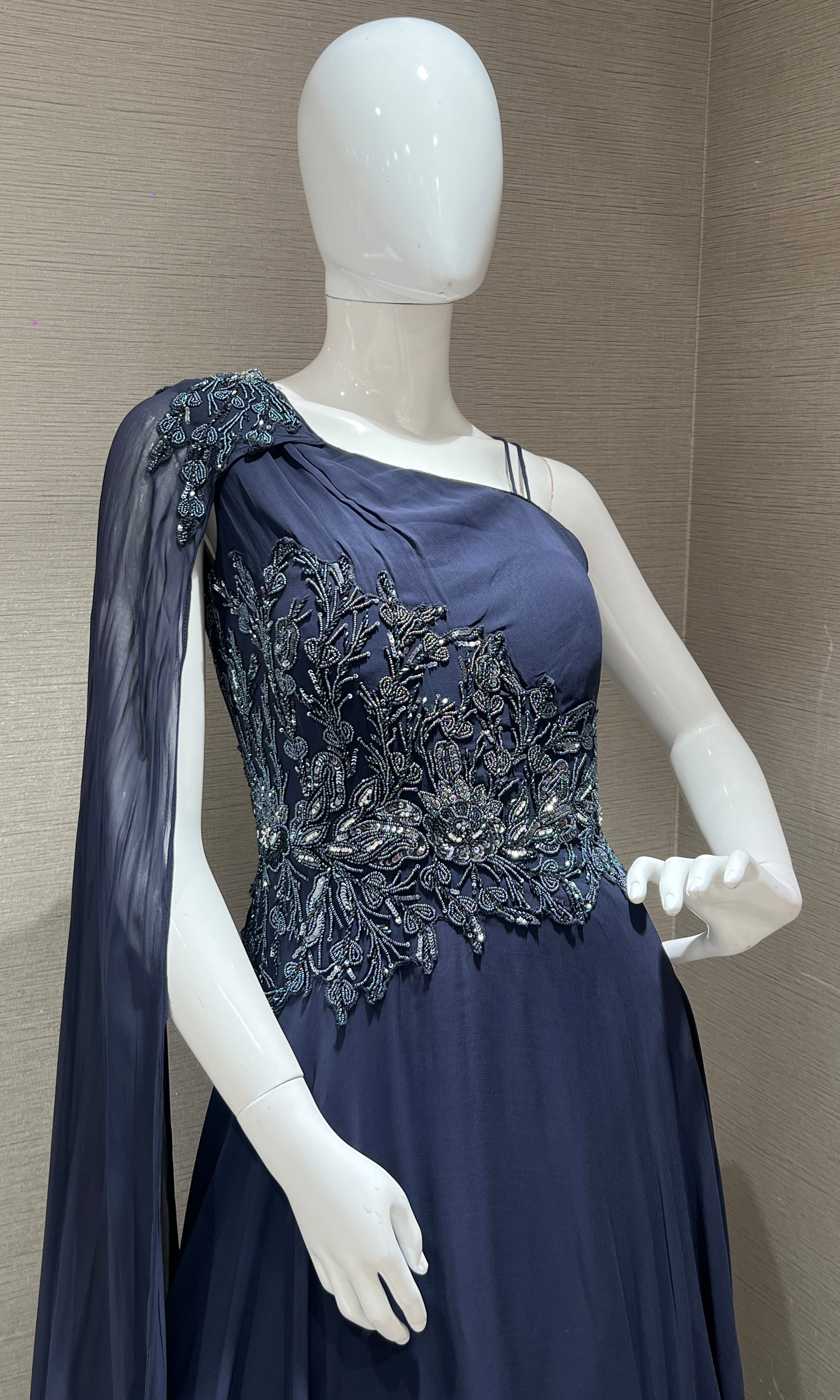 Navy blue long dress with butterfly one shoulder sleeve