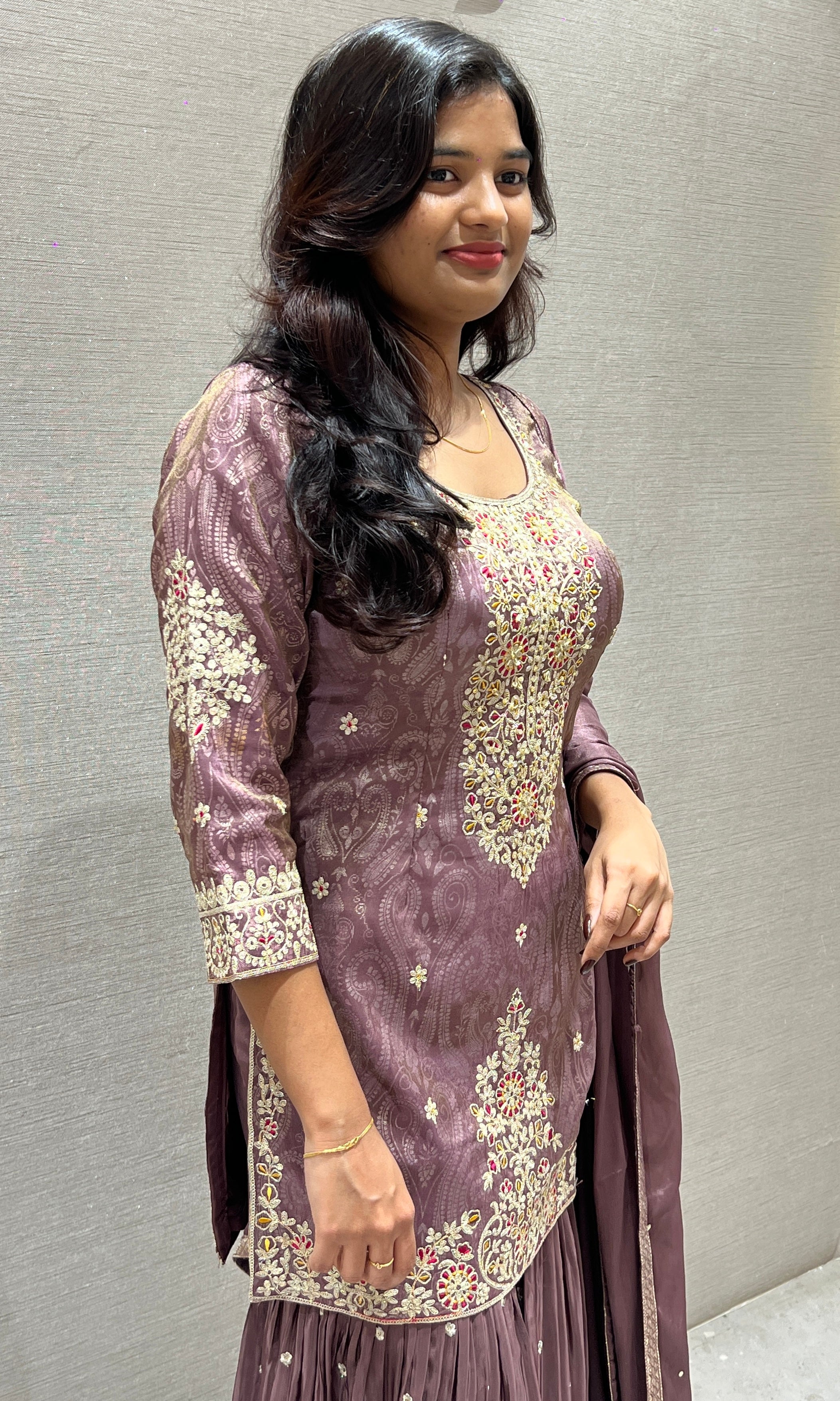 Purple Sharara Set with Golden Embroidery