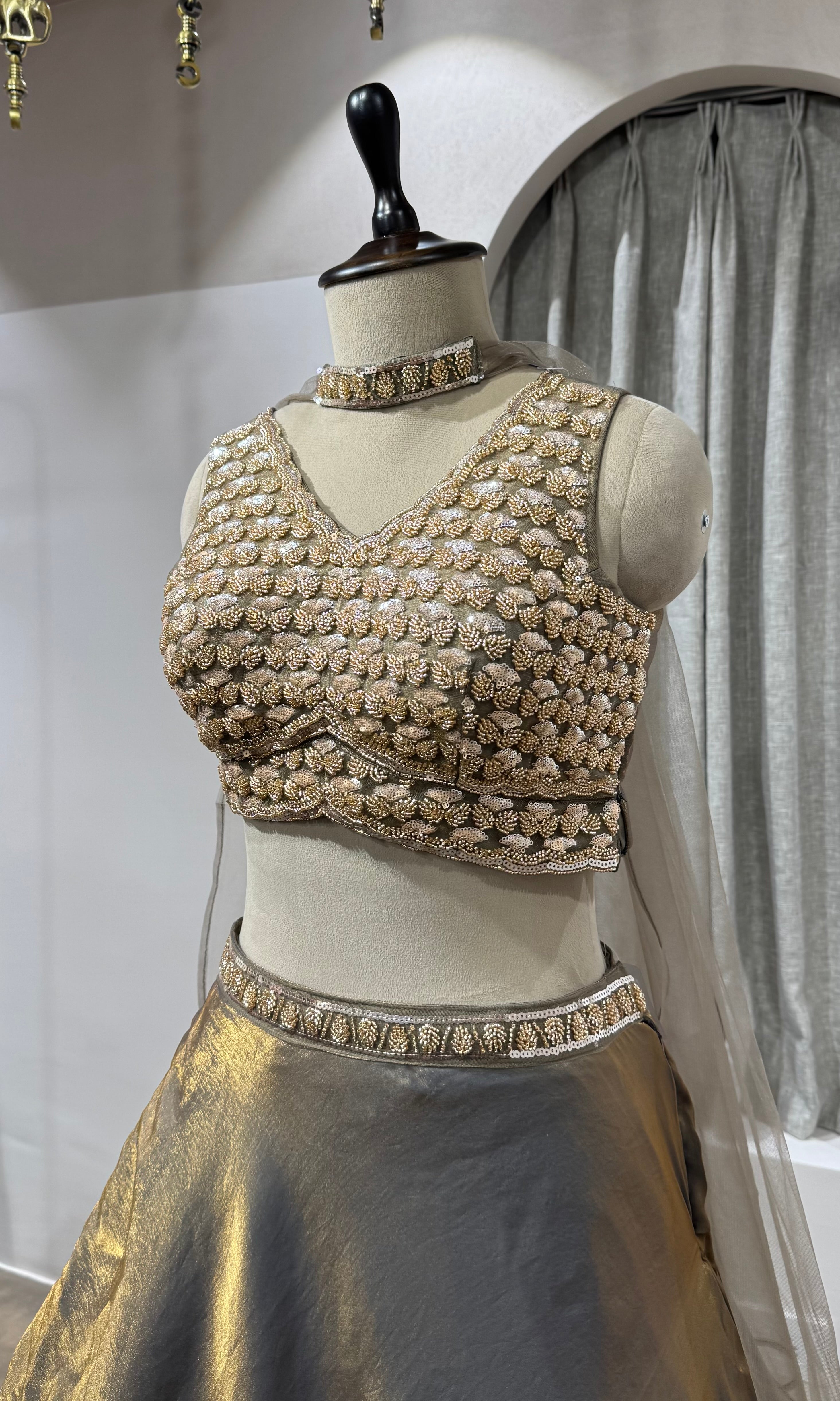 BROWN GOLDEN LEHENGA WITH EMBROIDERED BLOUSE