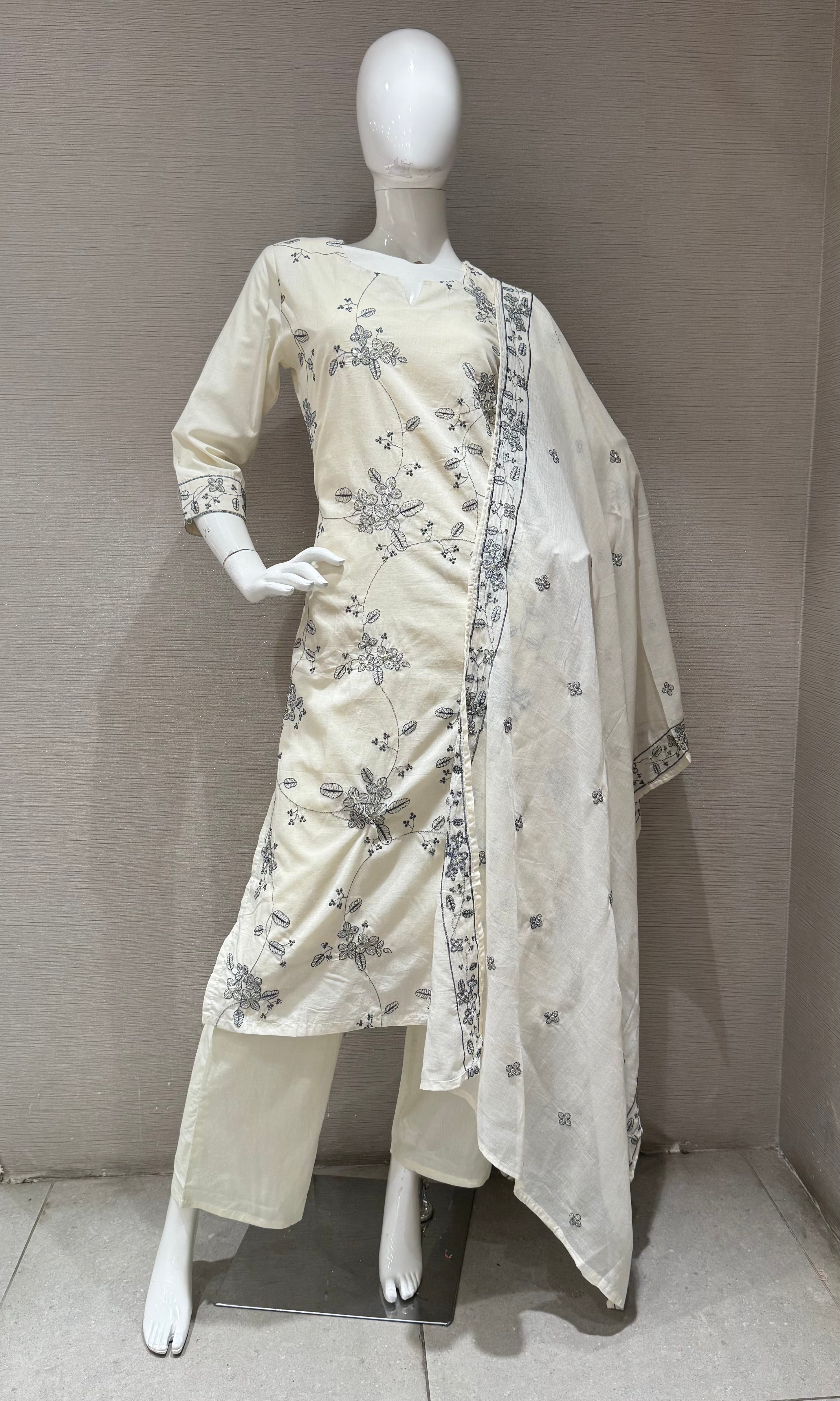 White Floral Embroidered Straight Kurta SET