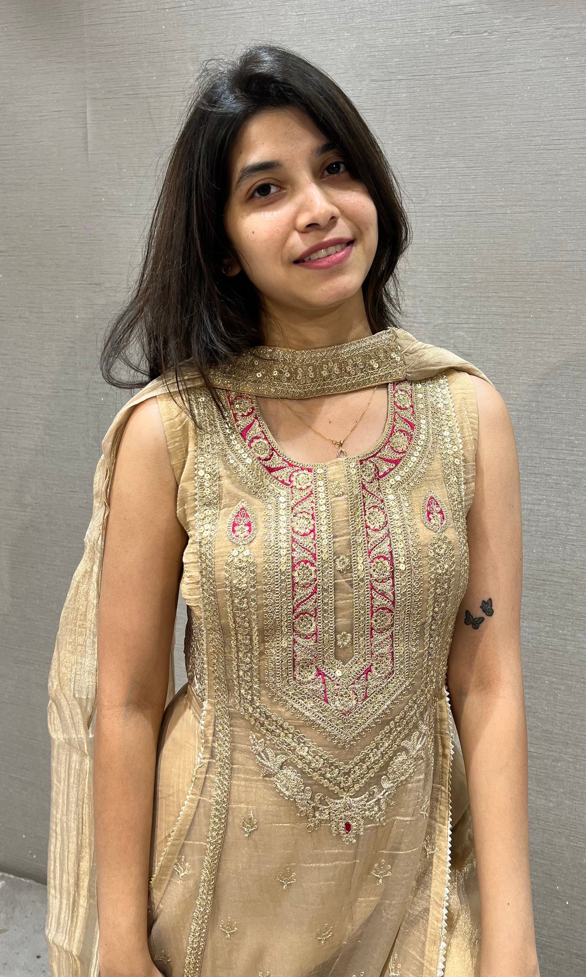 Beige tissue Embroidered Palazzo Set with Net Dupatta