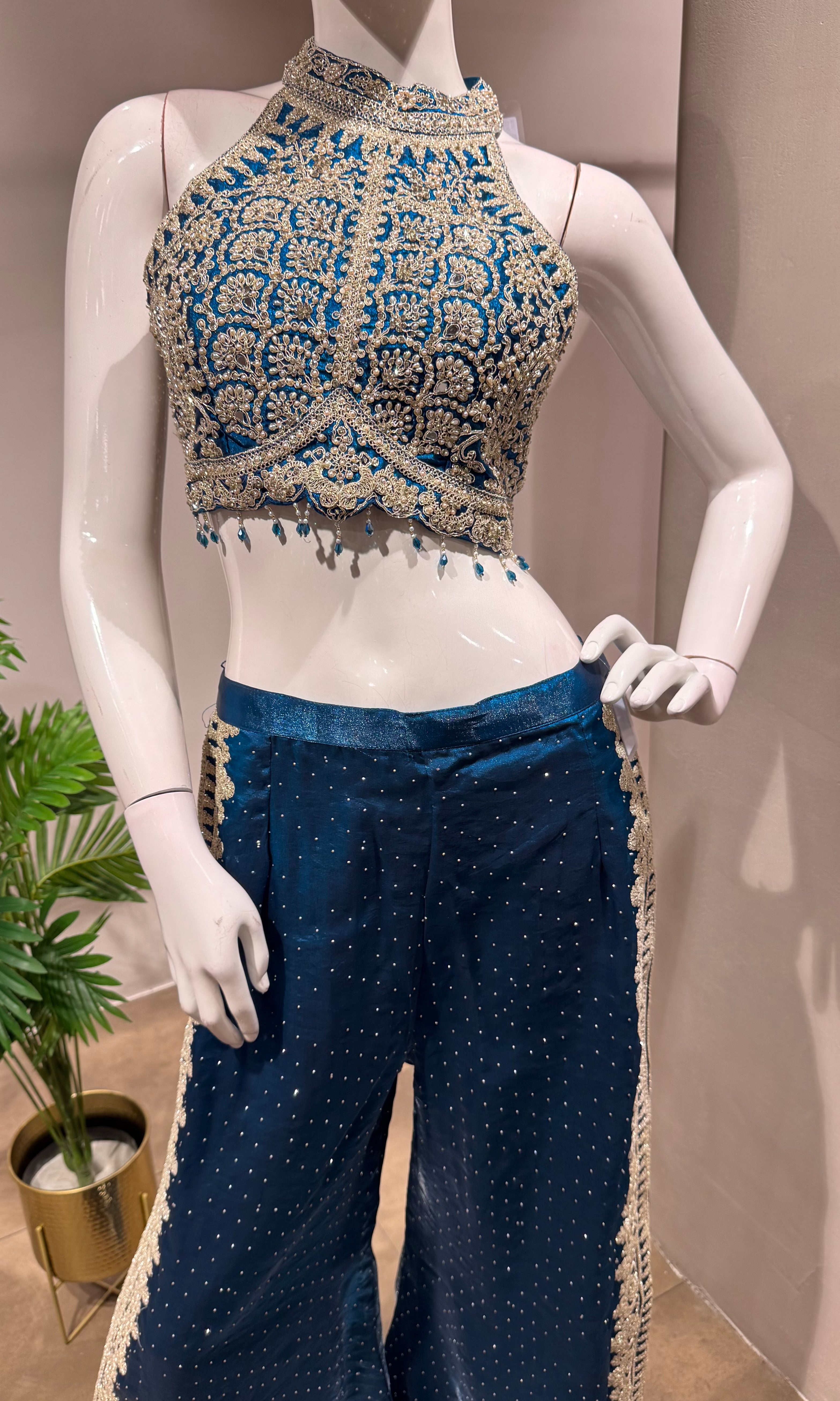BLUE EMBROIDERED HALTER CROP TOP PALAZZO SET