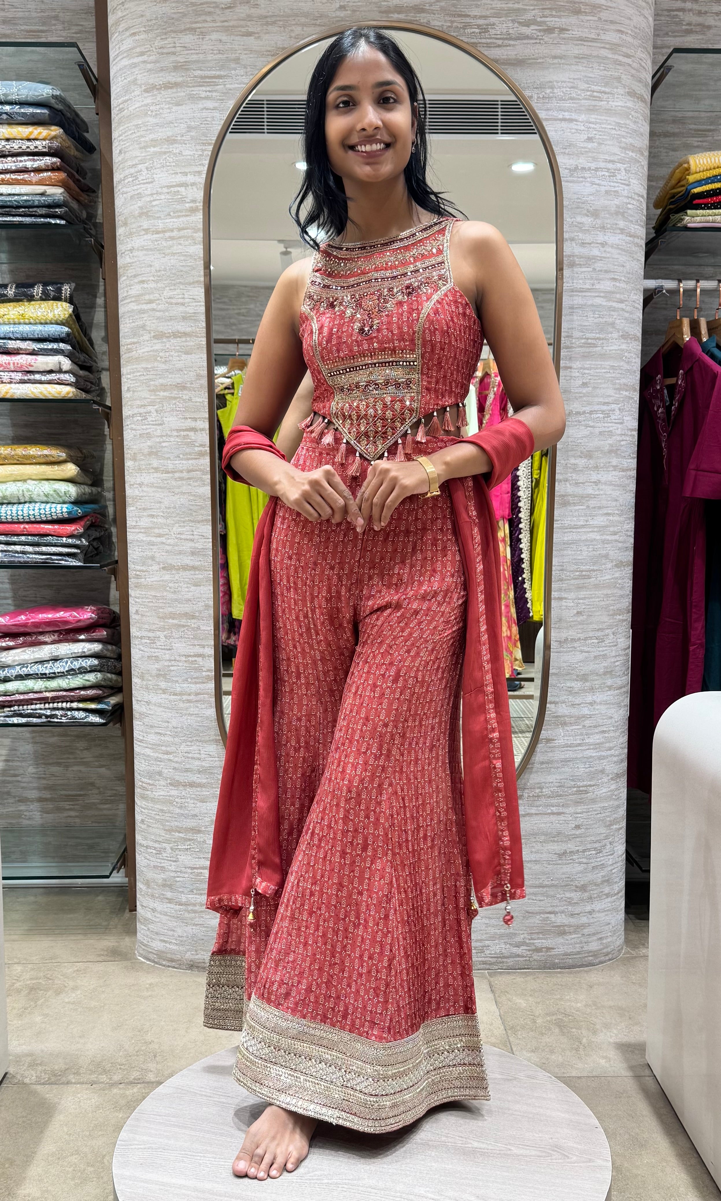 RUST EMBELLISHED BLOUSE WITH PLAZZO PANTS