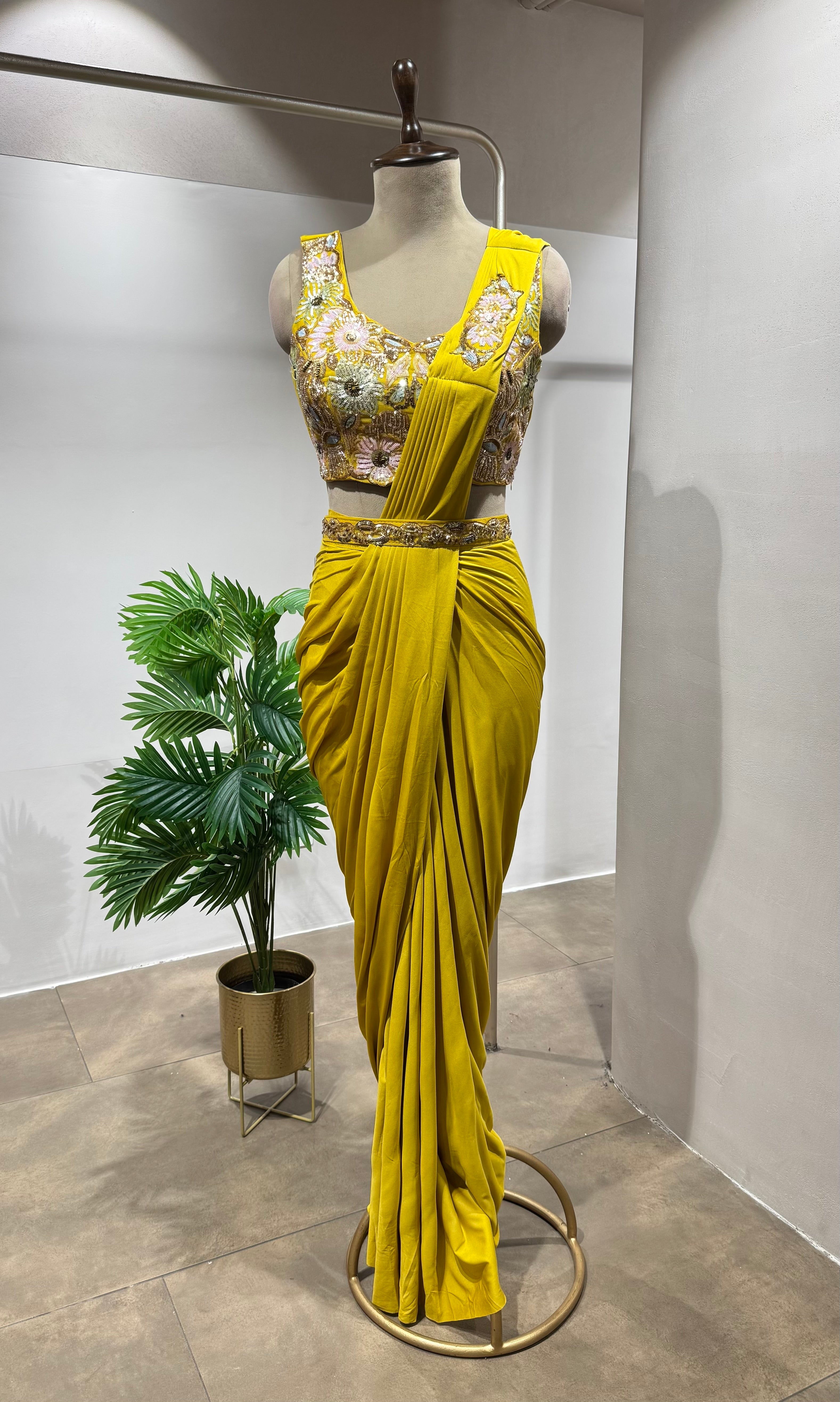 SUNSHINE YELLOW DRAPE SAREE WITH FLORAL BLOUSE