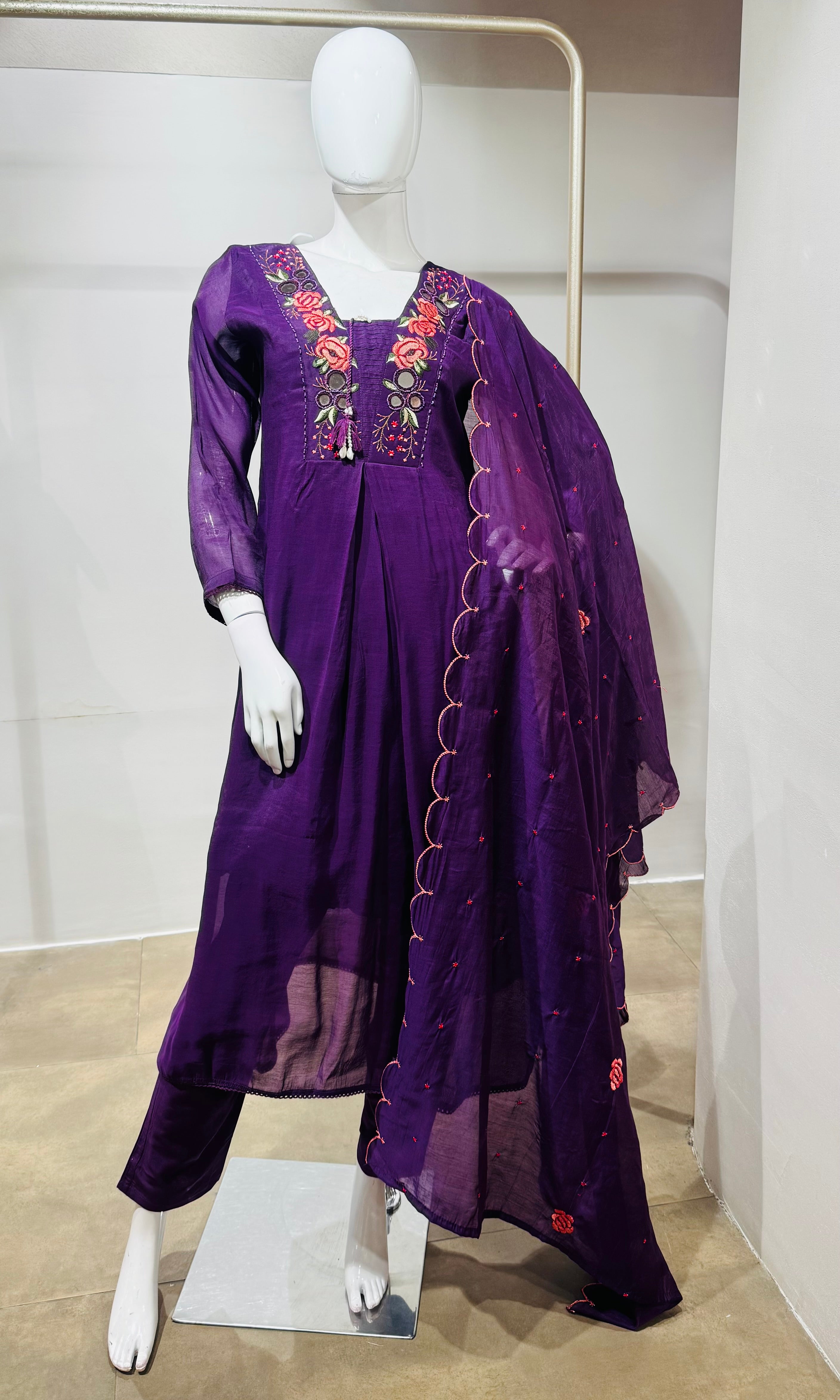 Wine Ethnic Kurta Set with Multicolored Neckline