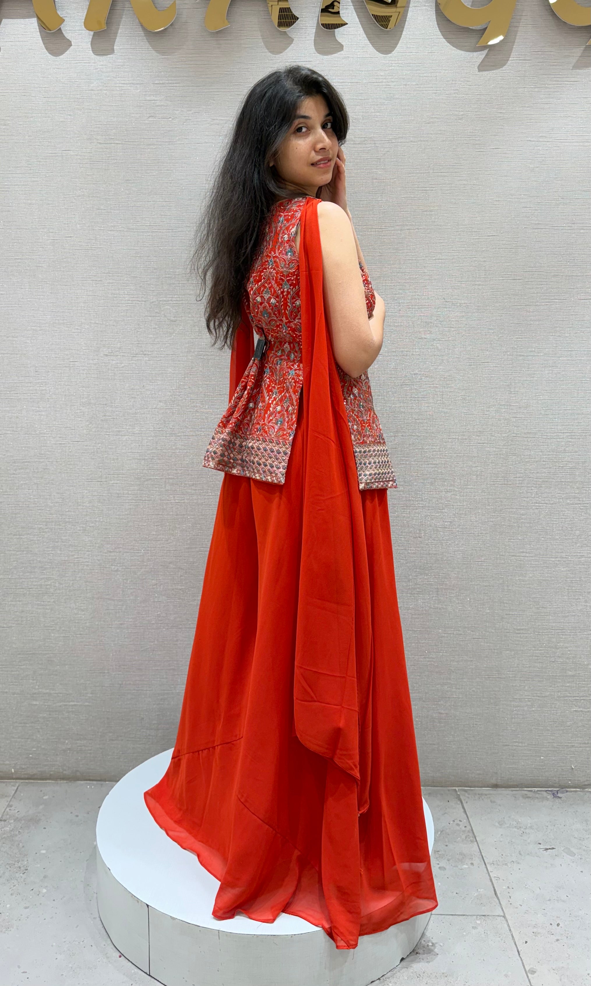 Rust EMBROIDERED PEPLUM PALAZZO SET