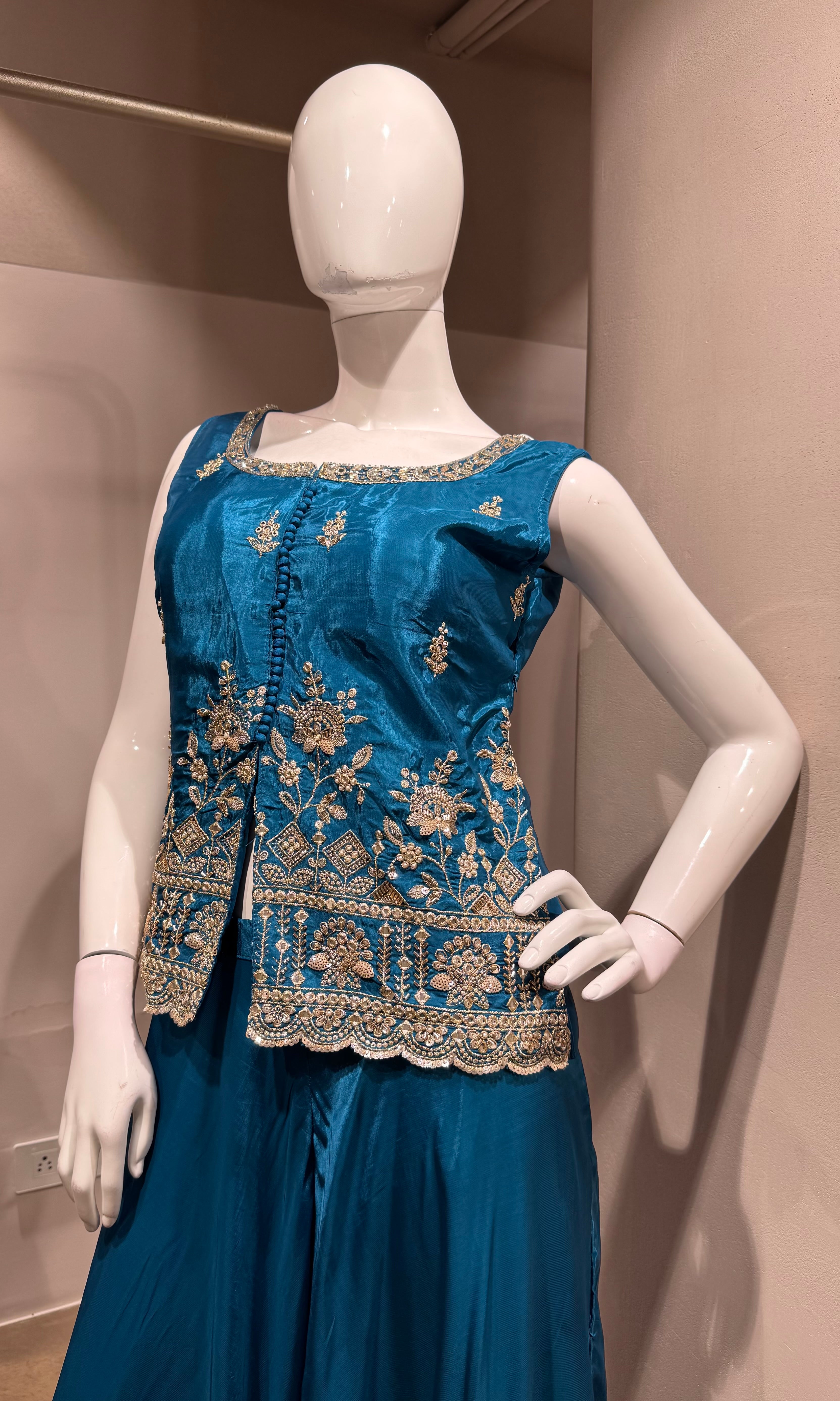Blue Embroidered Silk Peplum Palazzo Set