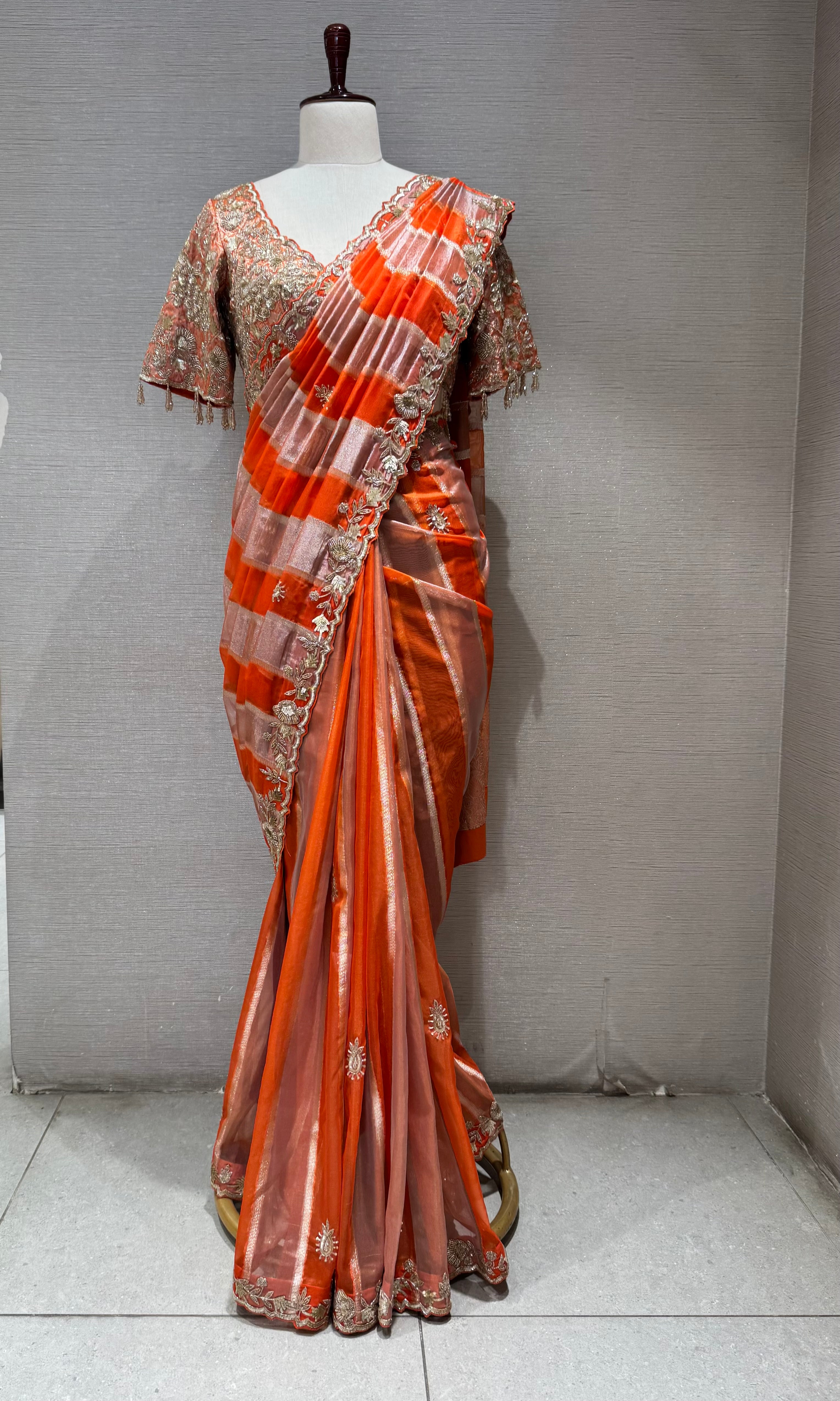 Orange Embellished Silk Leheriya Saree