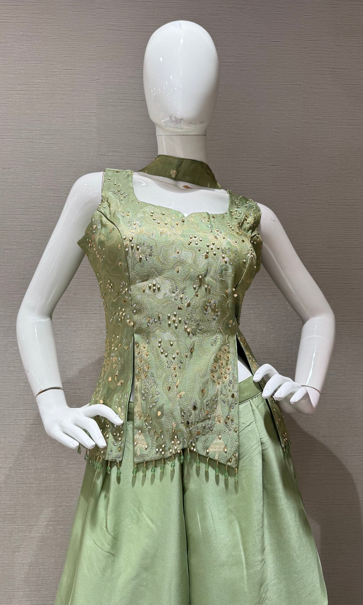 Pastal Green Satin Embellished Crop Top and Palazzo Set