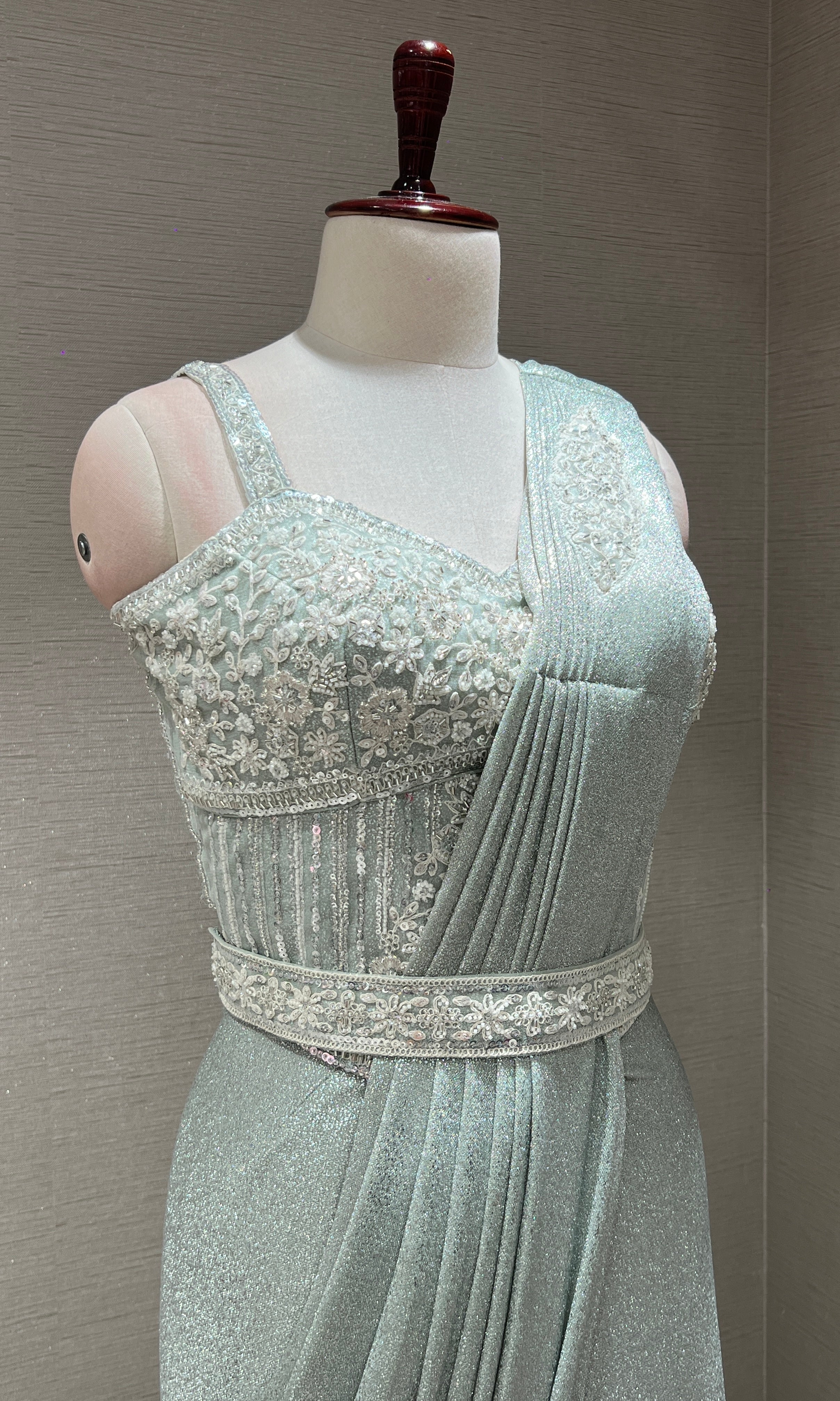 GREEN EMBELLISHED DRAPE SAREE WITH BELT