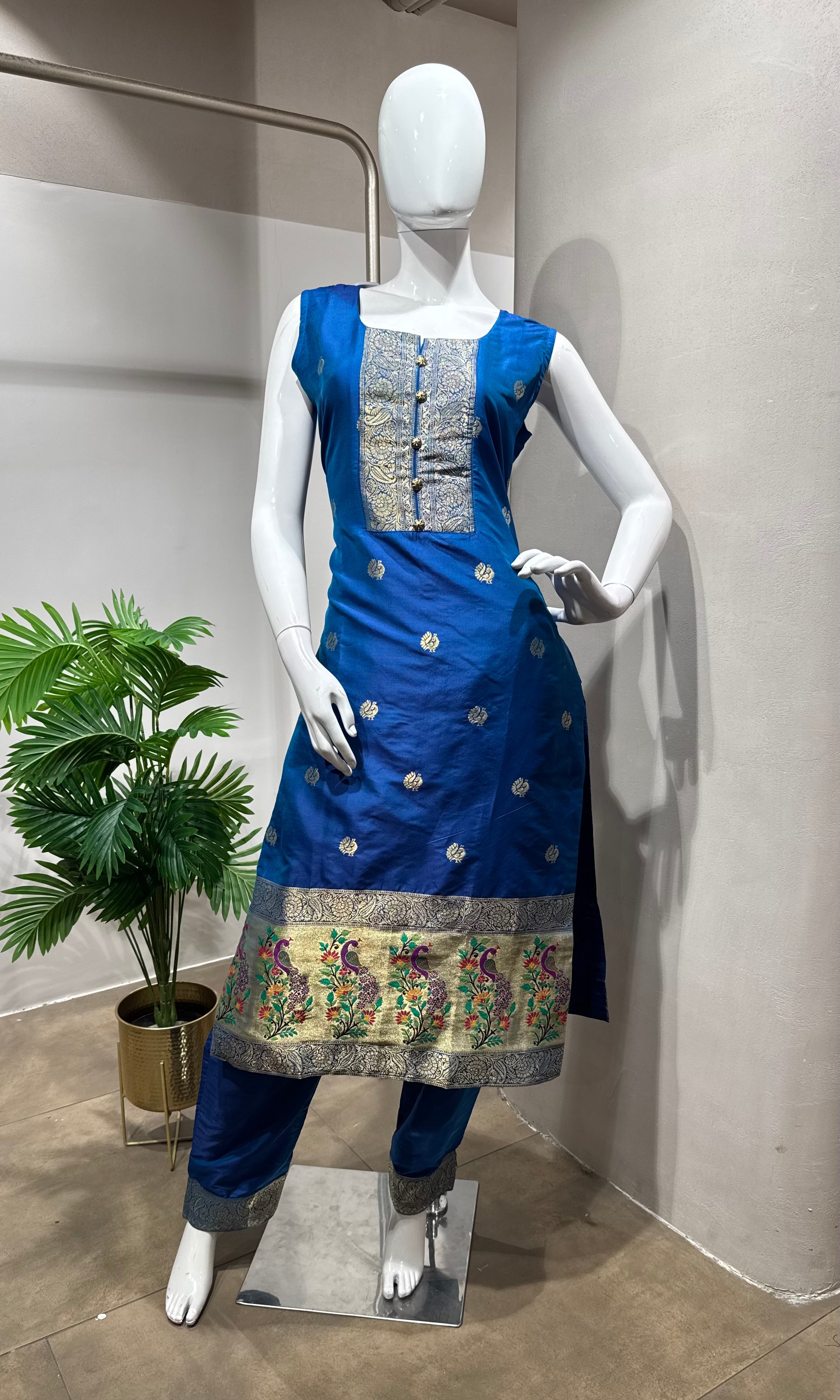 NAVY Blue Banarasi Silk Kurta Set