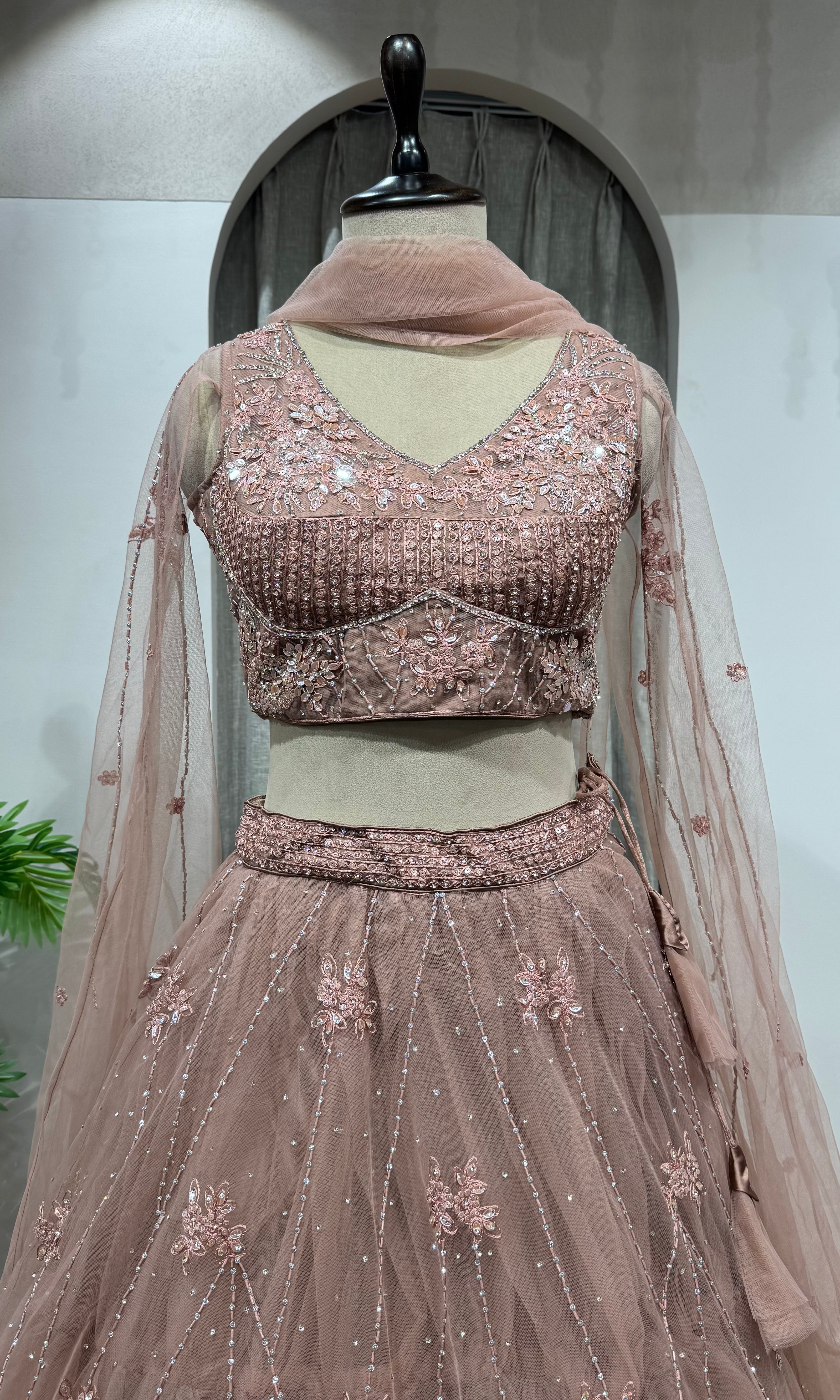 BROWN FLORAL EMBROIDERED NETTED CROP TOP LEHENGA