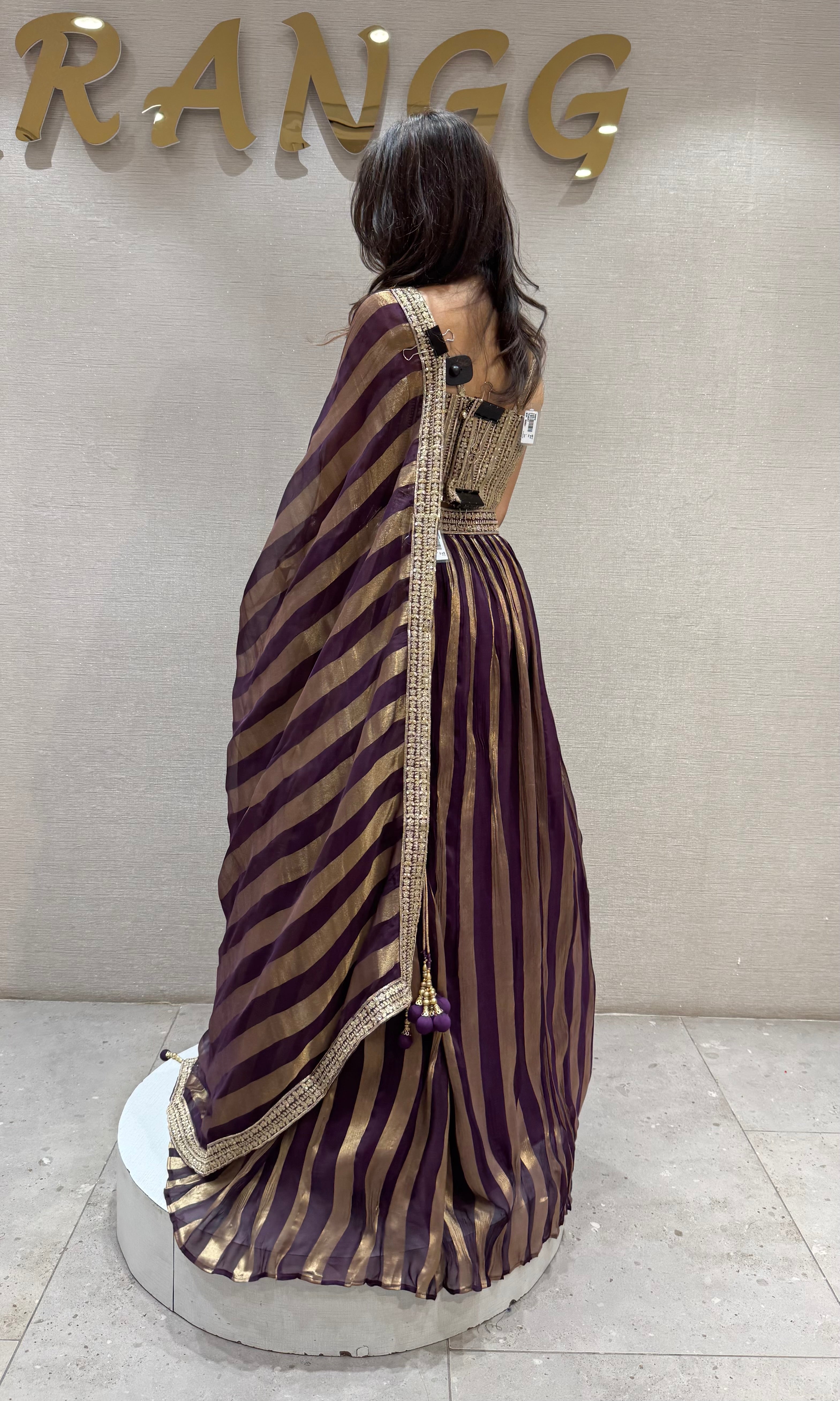 Wine & Gold Striped Corset Lehenga Set