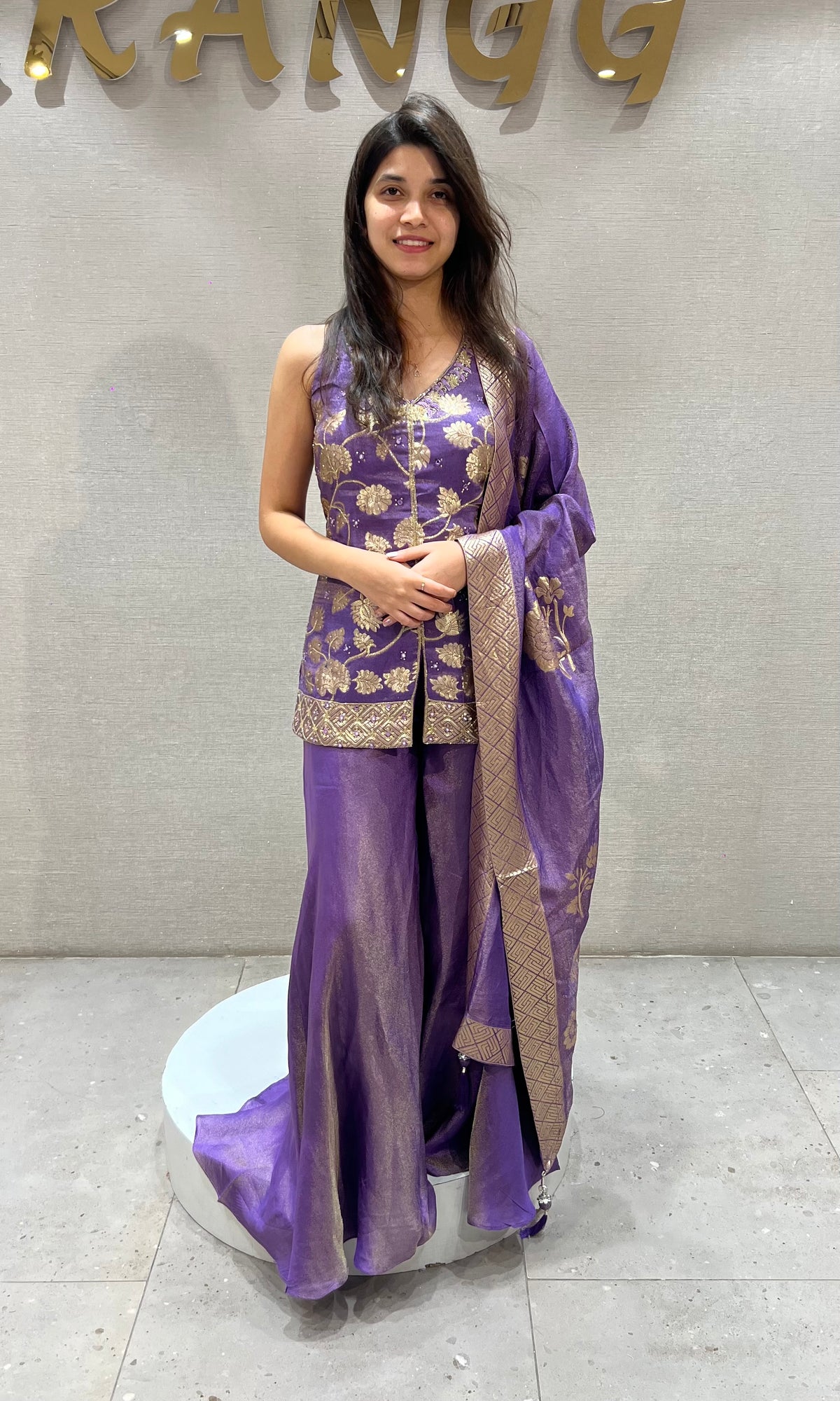 Purple tissue silk Embroidered Peplum Palazzo set