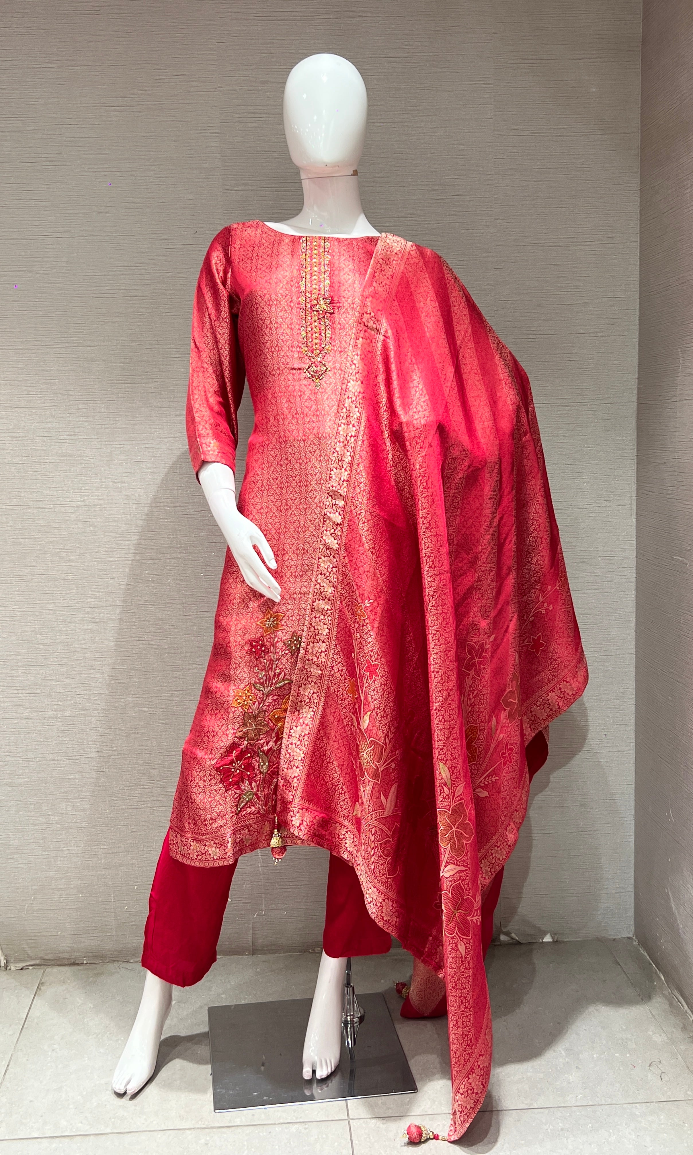 Rani Pink tissue silk Embellished Kurta Set