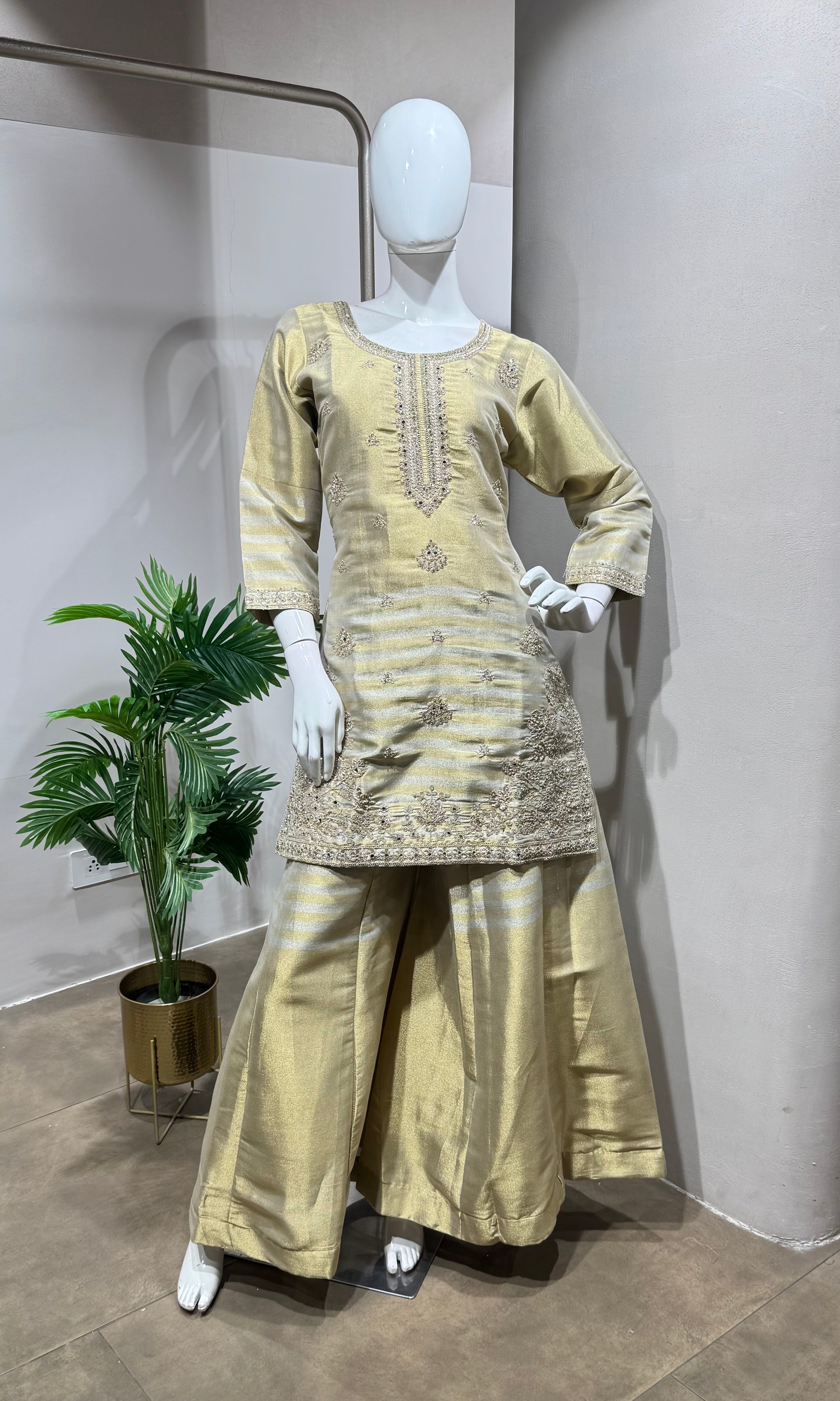 BOTTLE GREEN golden shimmer tissue sharara set