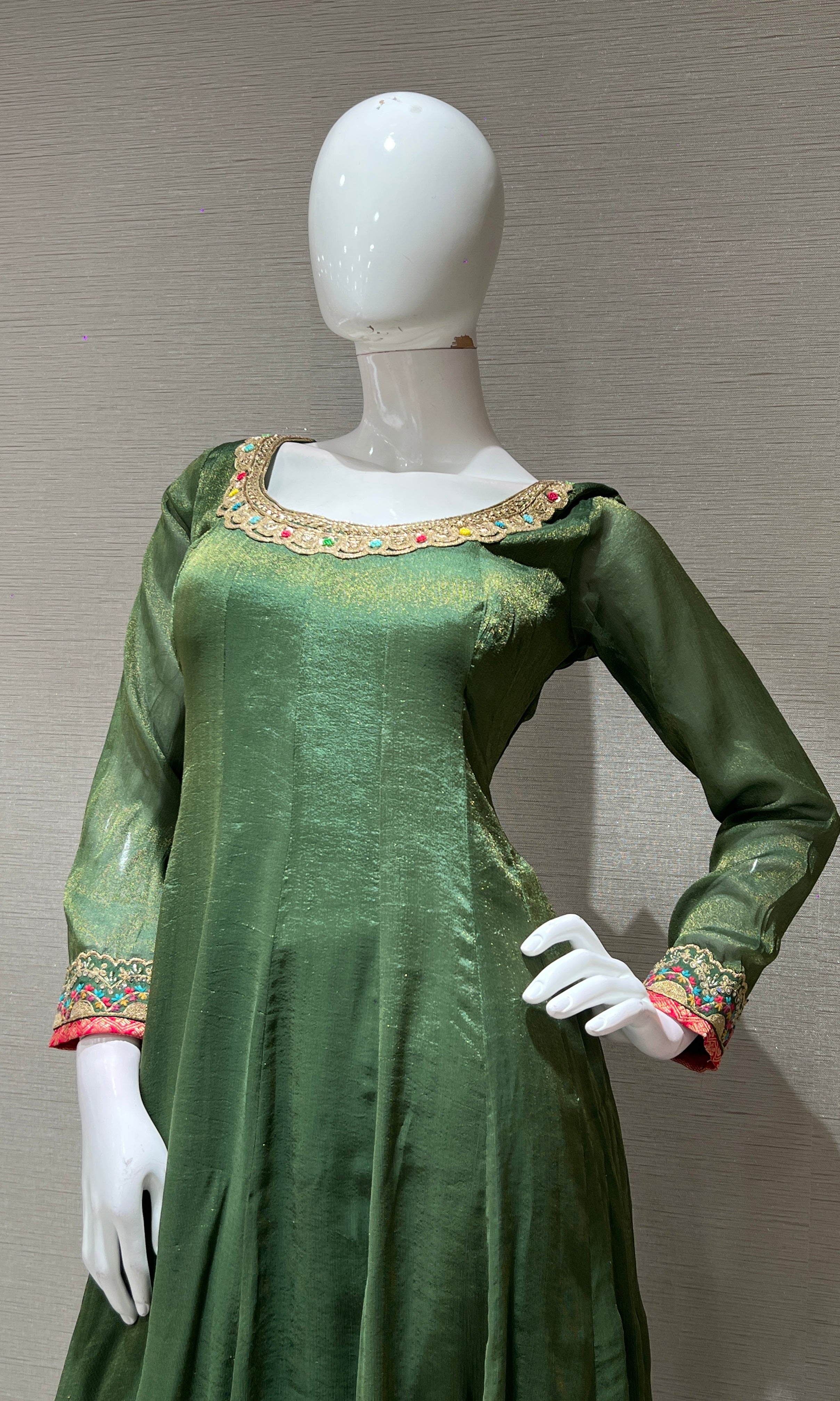 BOTTLE green ANARKALI WITH PRINTED DUPATTA