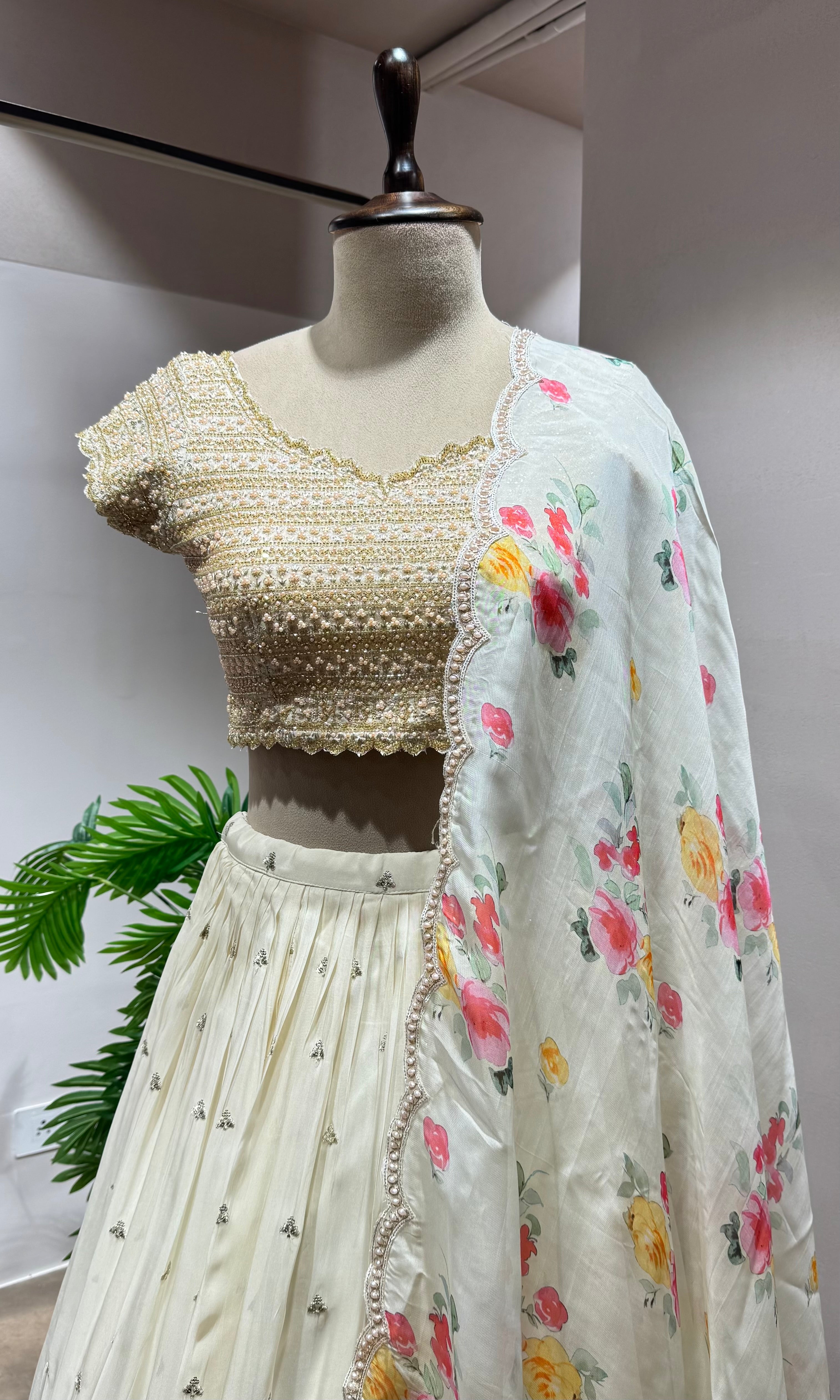 Cream Floral Lehenga Set with Embellished Blouse