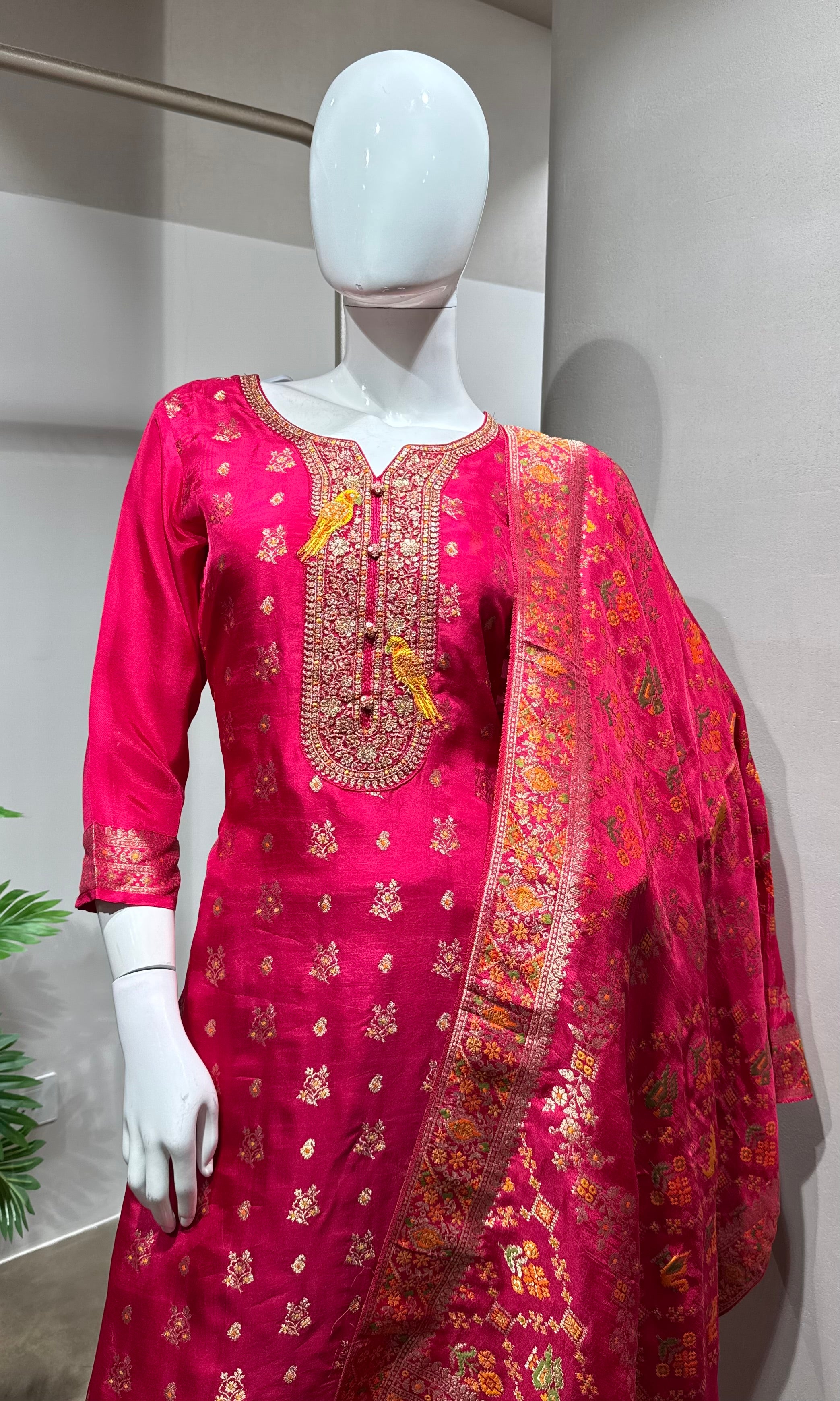 Pink Paithani art silk kurta set with dupatta
