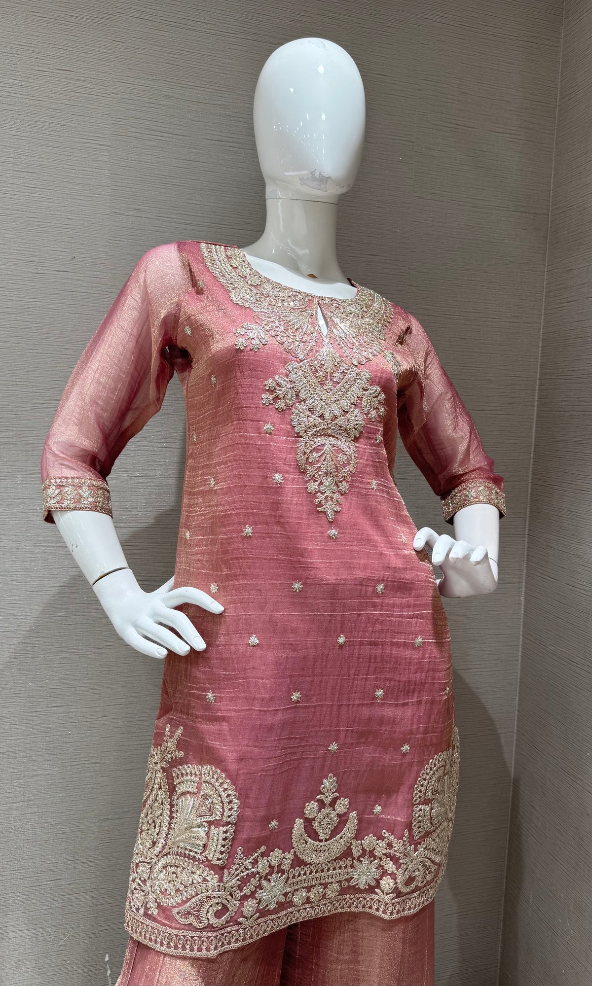 Pink Tissue Silk embroidered sharara set with dupatta