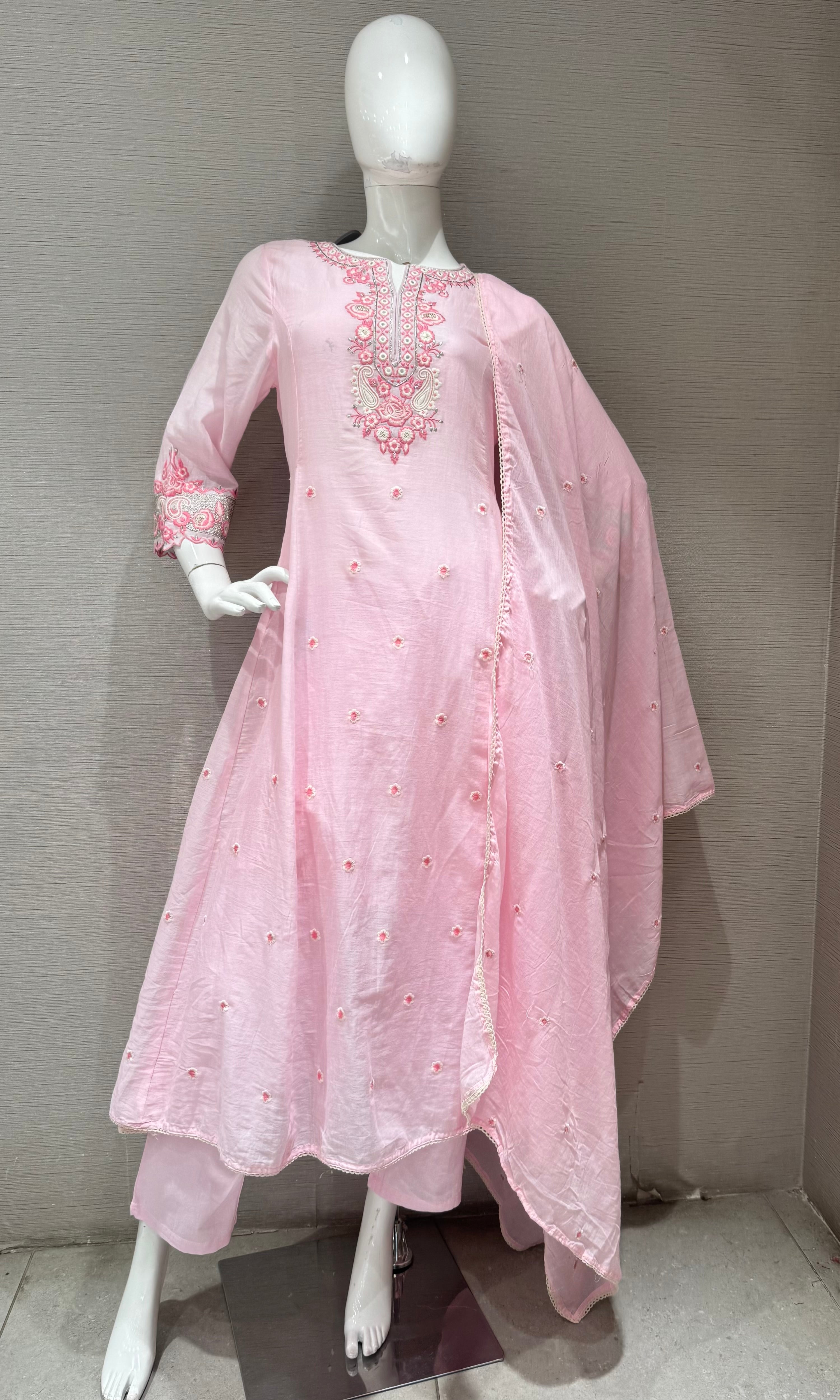 Pink Straight Cut Salwar Suit with Floral Embroidery