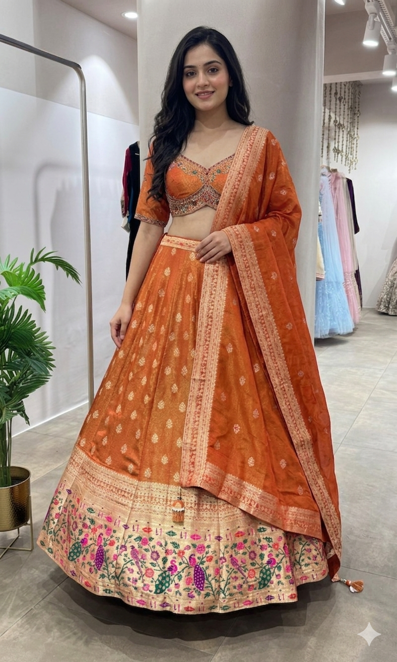 RUST BANARASI EMBROIDERED LEHENGA