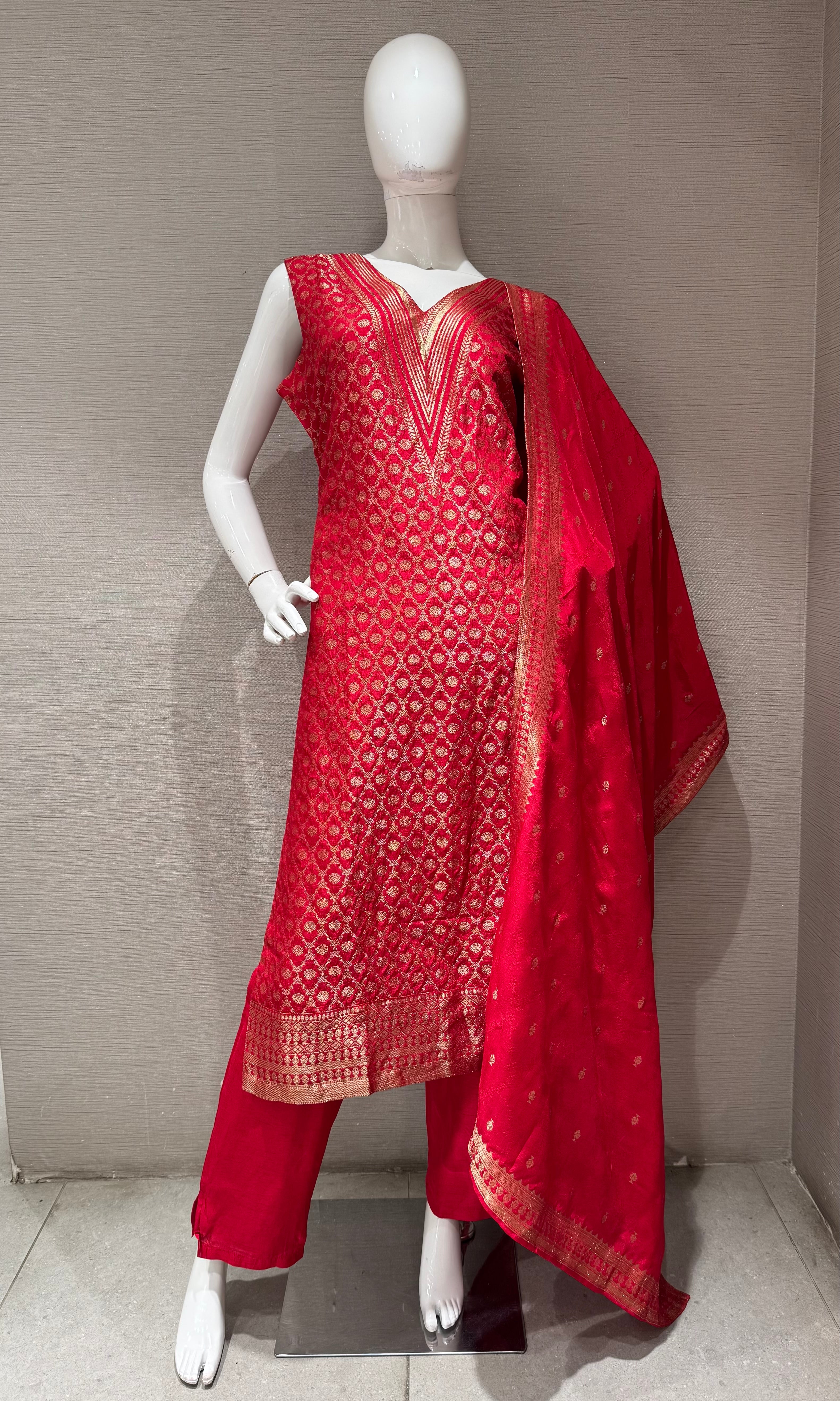 Red Kurta Set with Gold Zari Embroidery