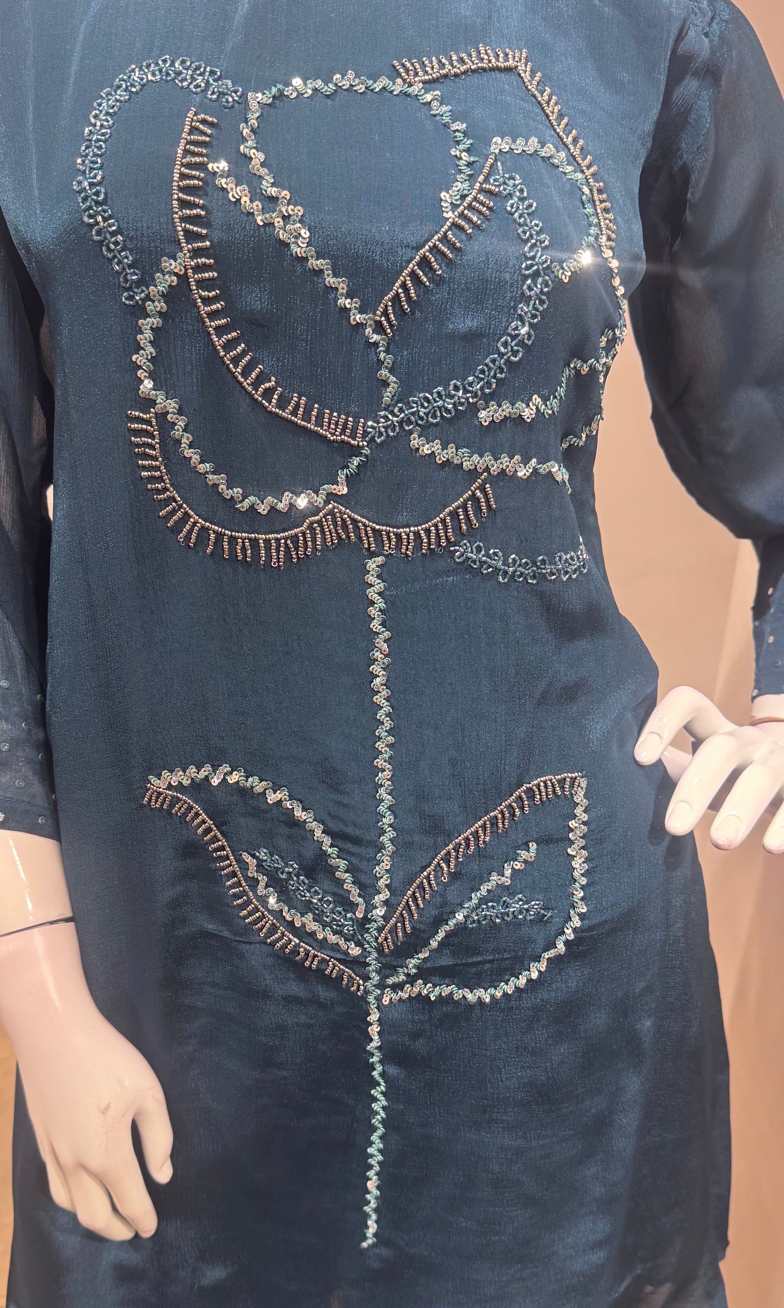 Teal Blue floral kurti with bottom