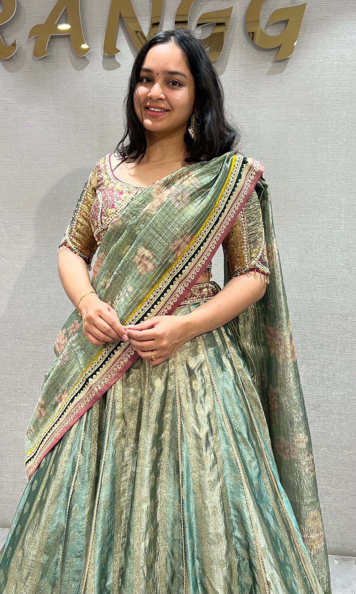 Sage Green raw silk Lehenga Set with Golden Zari Motifs
