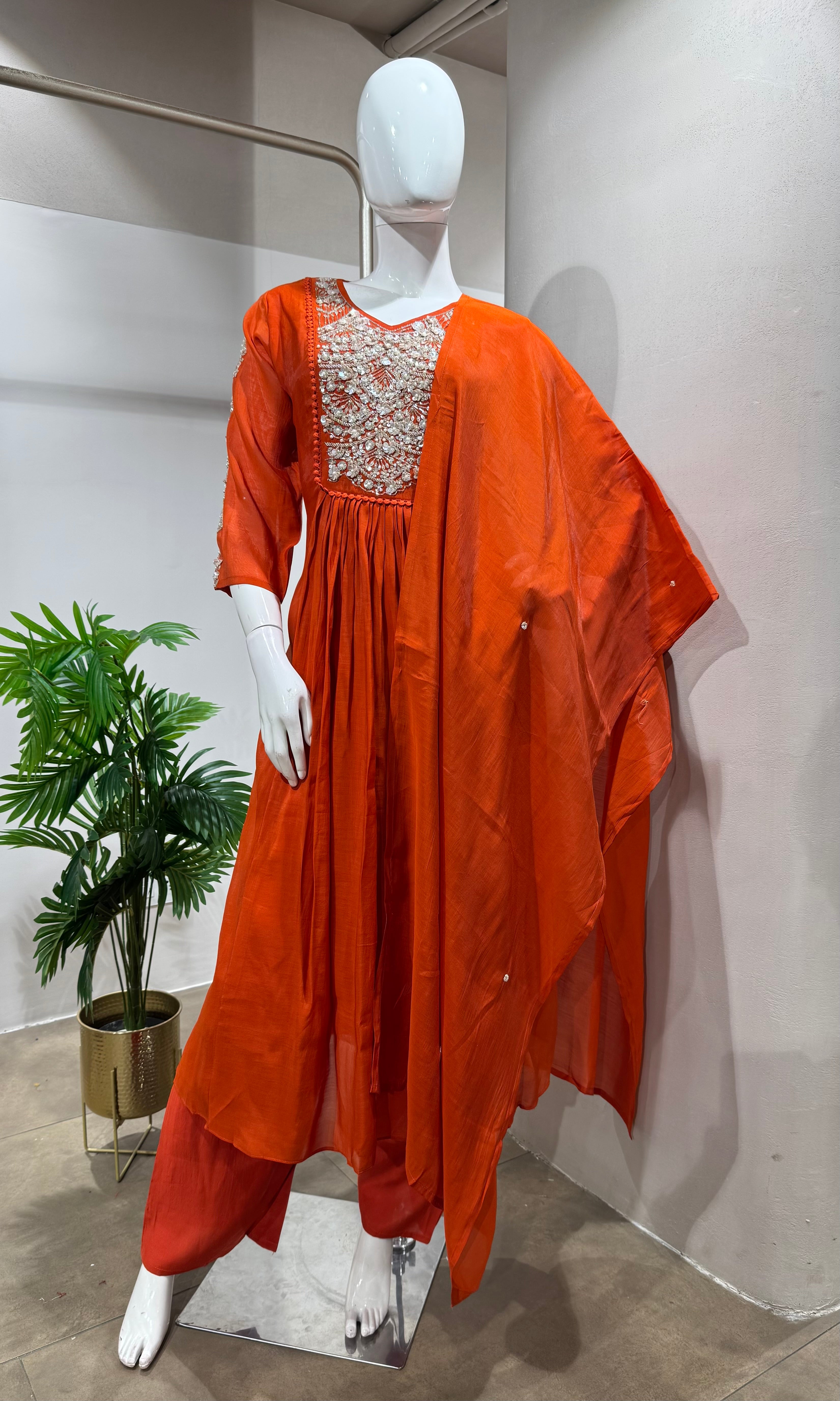 Rust Embroidered Kurta Set with Dupatta