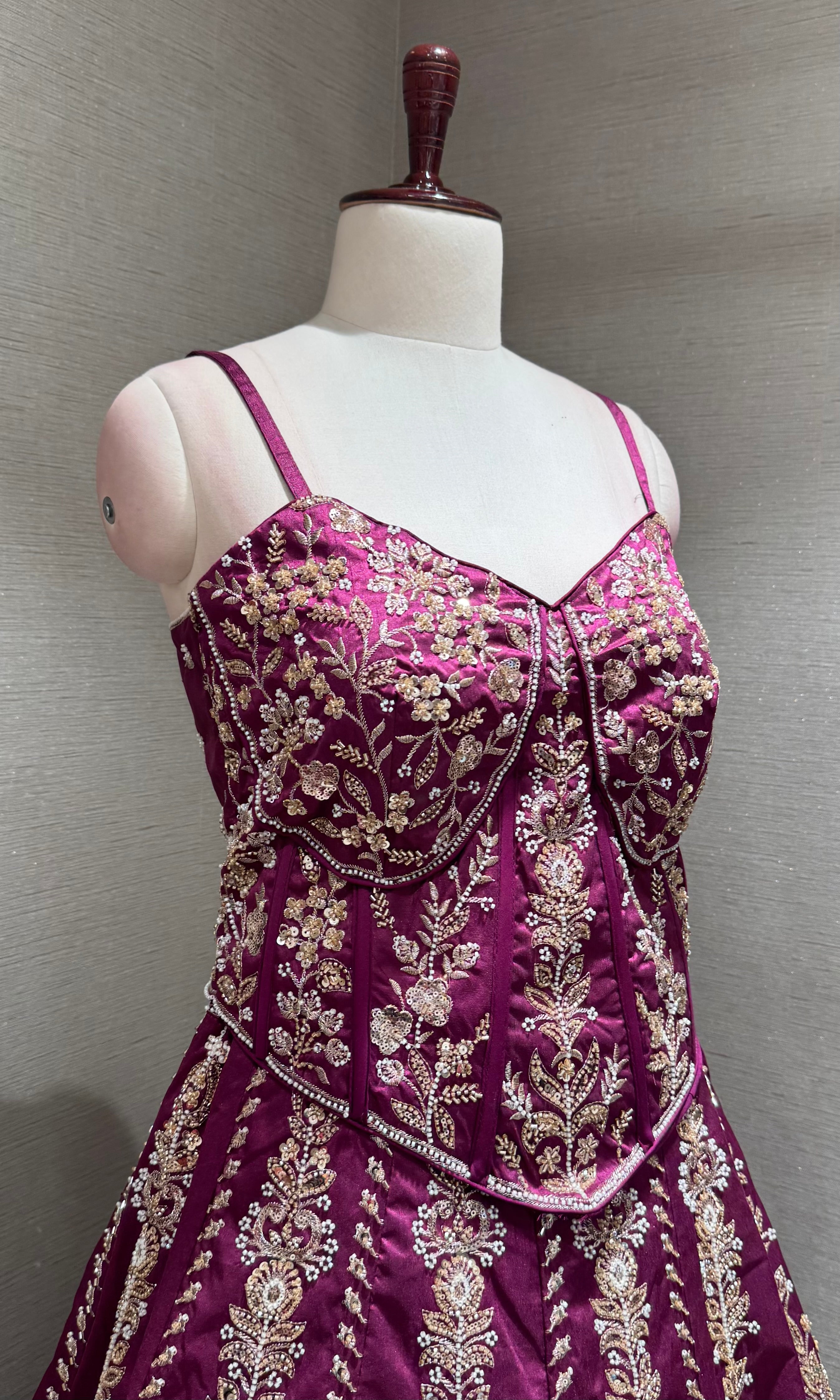 Wine embroidered peplum crop top lehenga set