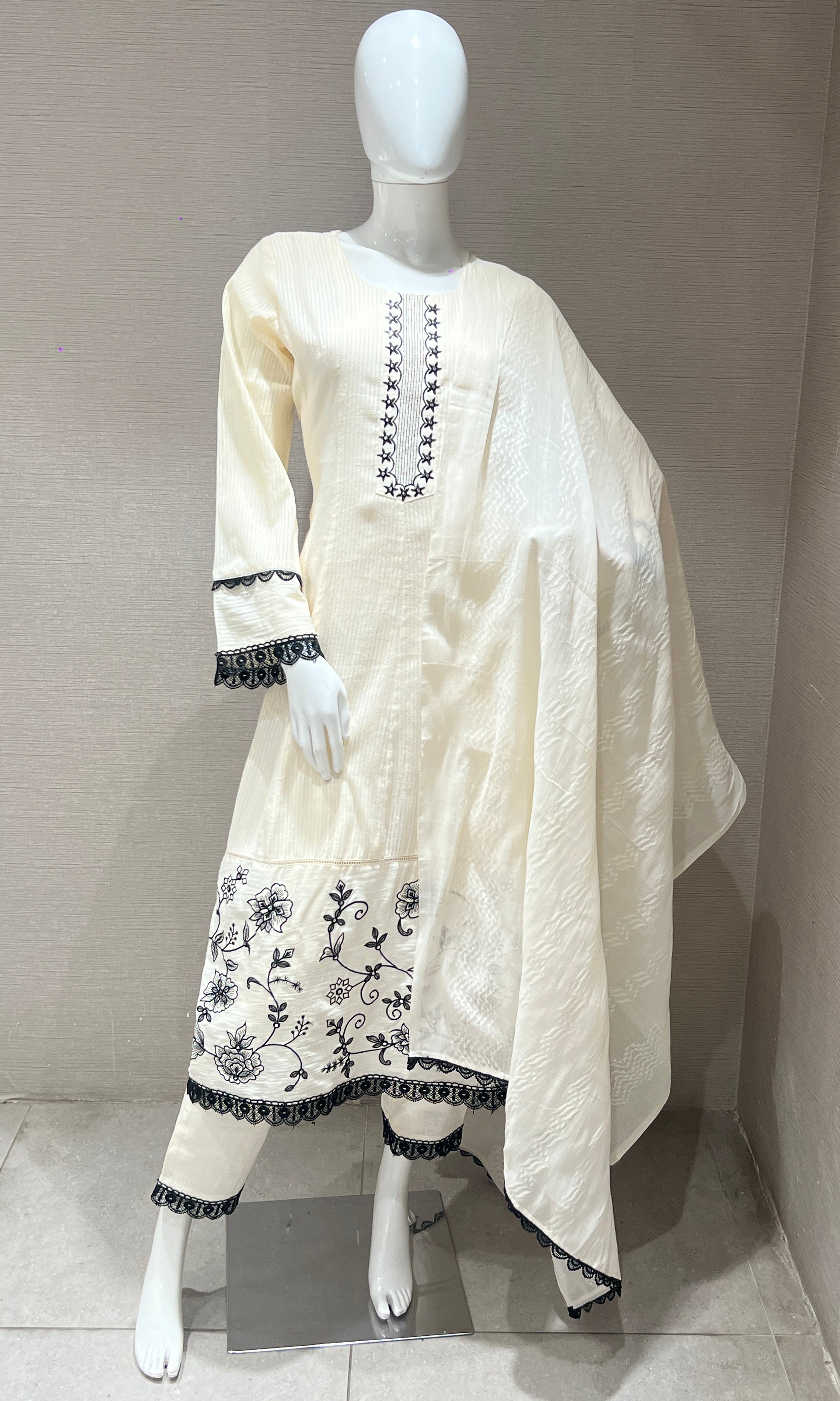 Cream and black floral embroidery Anarkali set