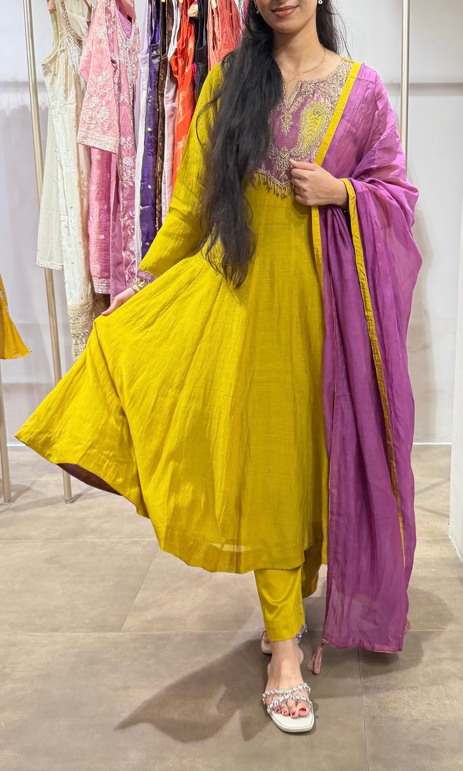 Mustard Anarkali Set with Magenta Dupatta