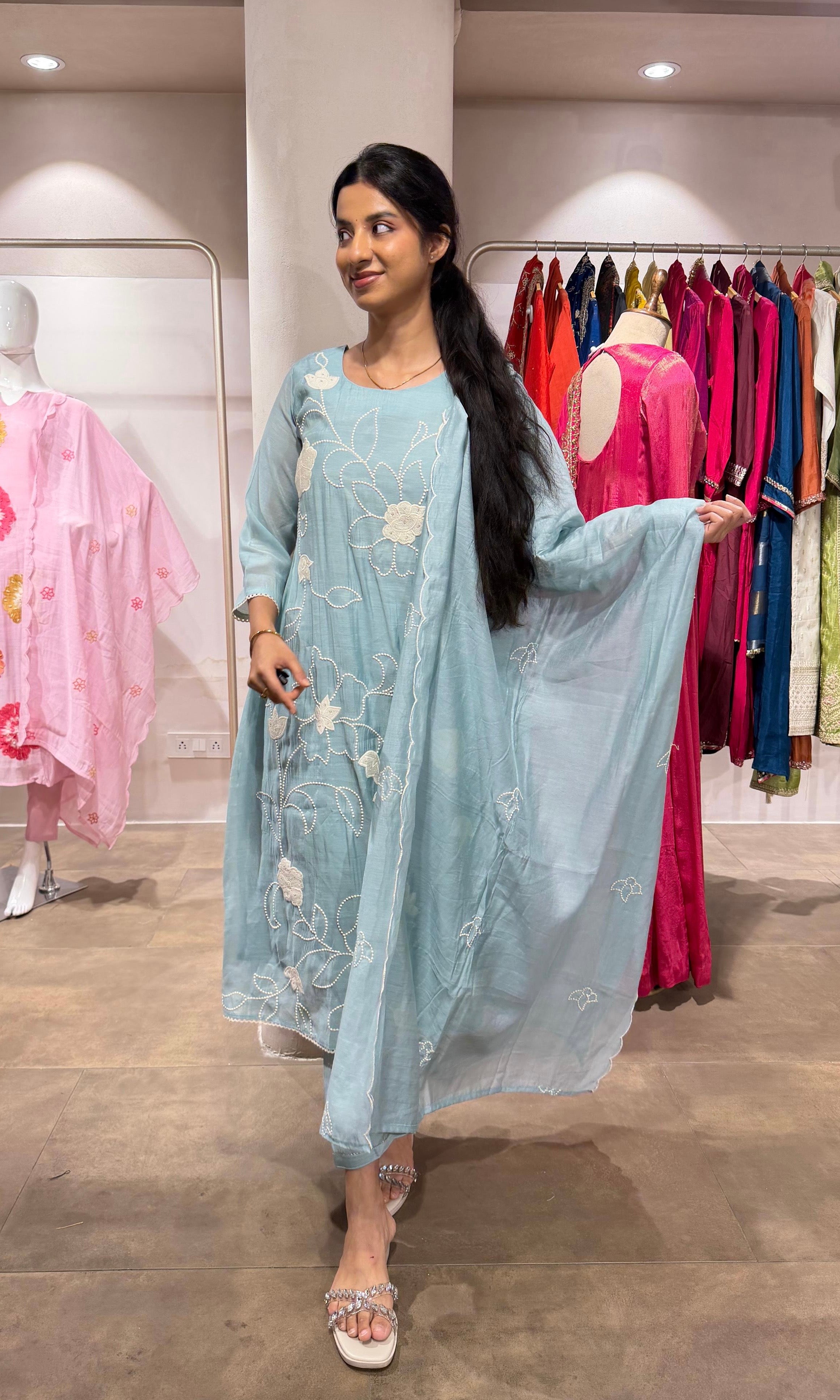 Sky Blue Embroidered Straight Kurta with Dupatta