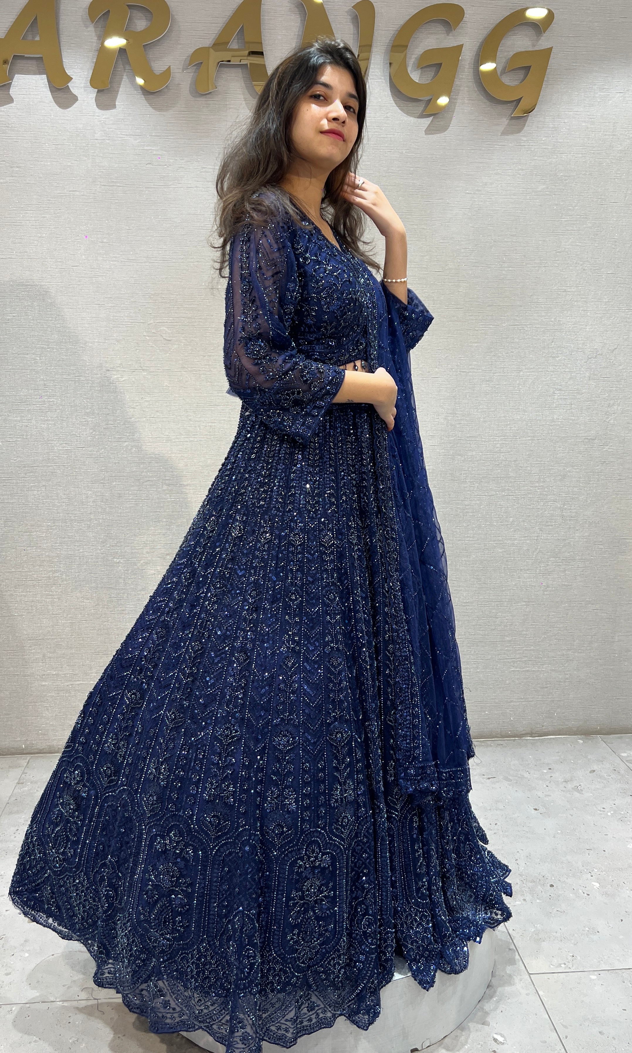 Navy Blue Embellished Net Lehenga
