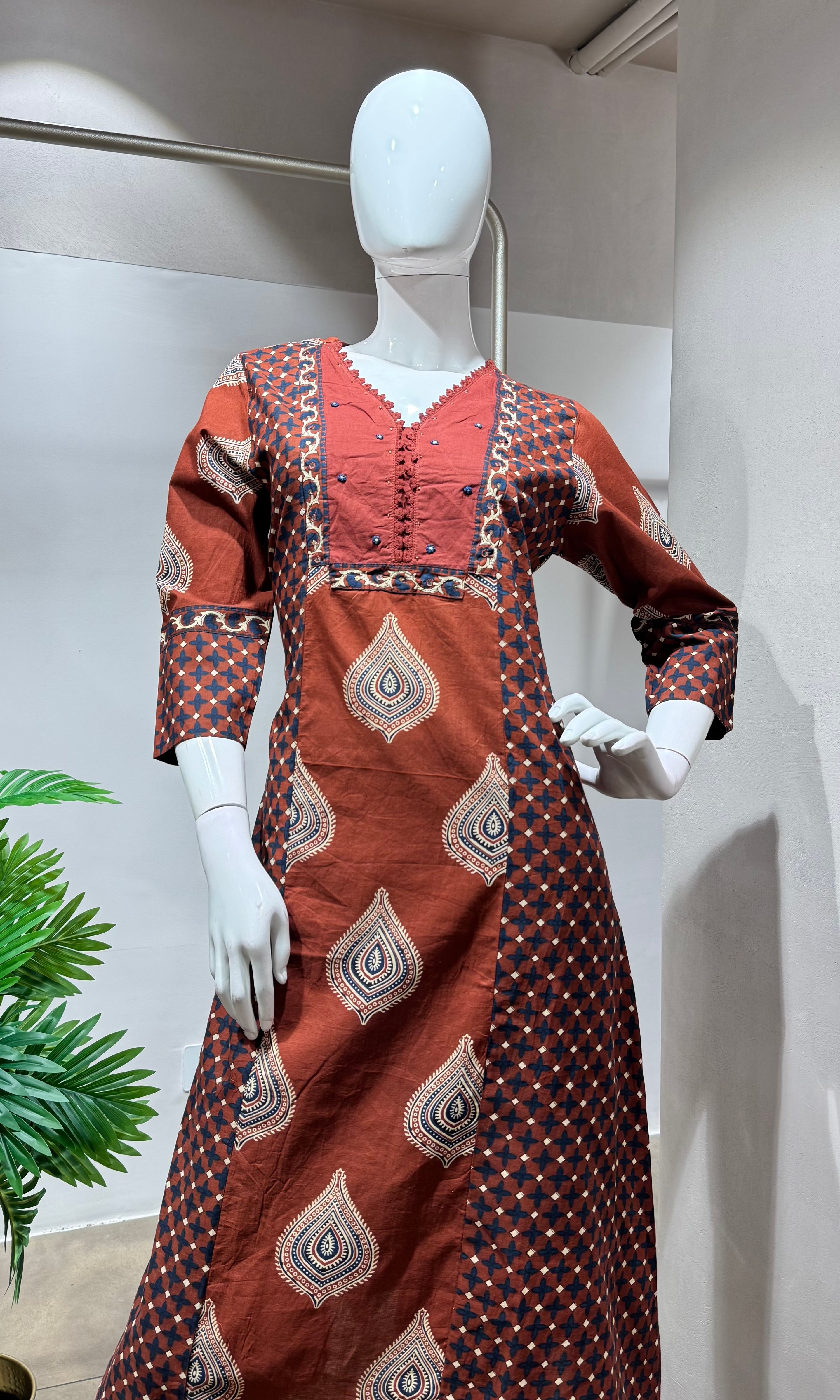 Brown block print design kurta set