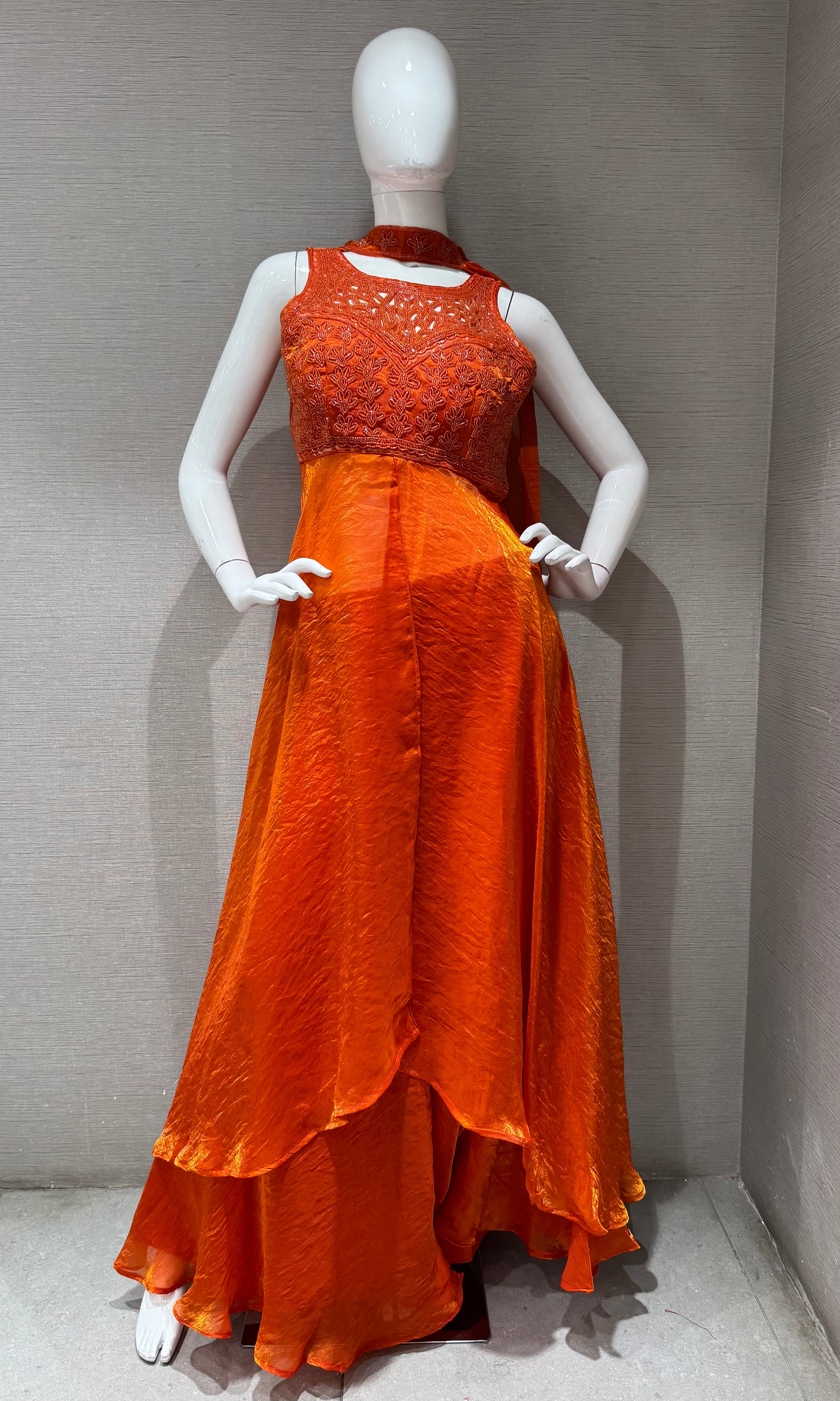 Rust Embroidered front slit anarkali with palazzo pants