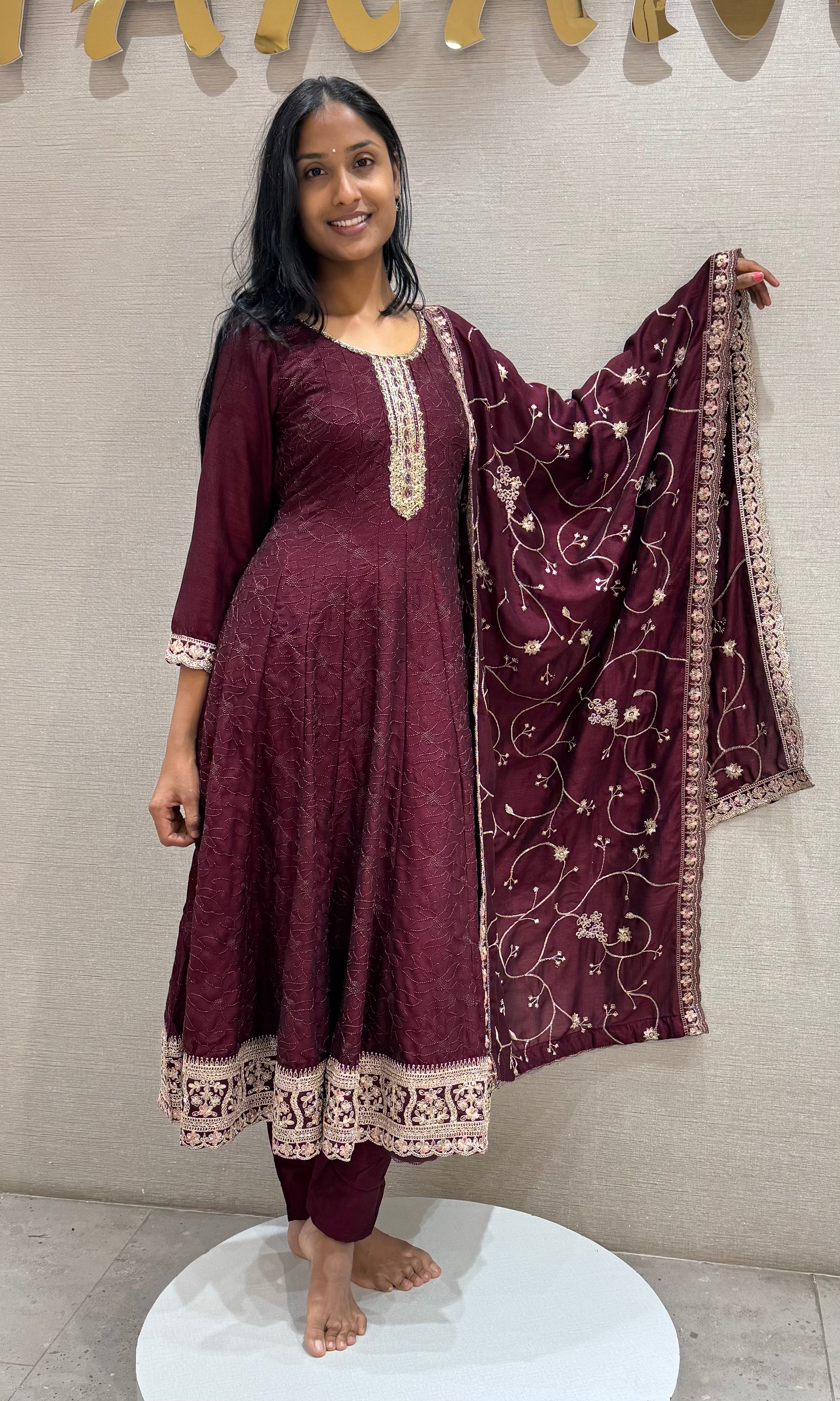 Wine intricate gold embroidery anarkali set