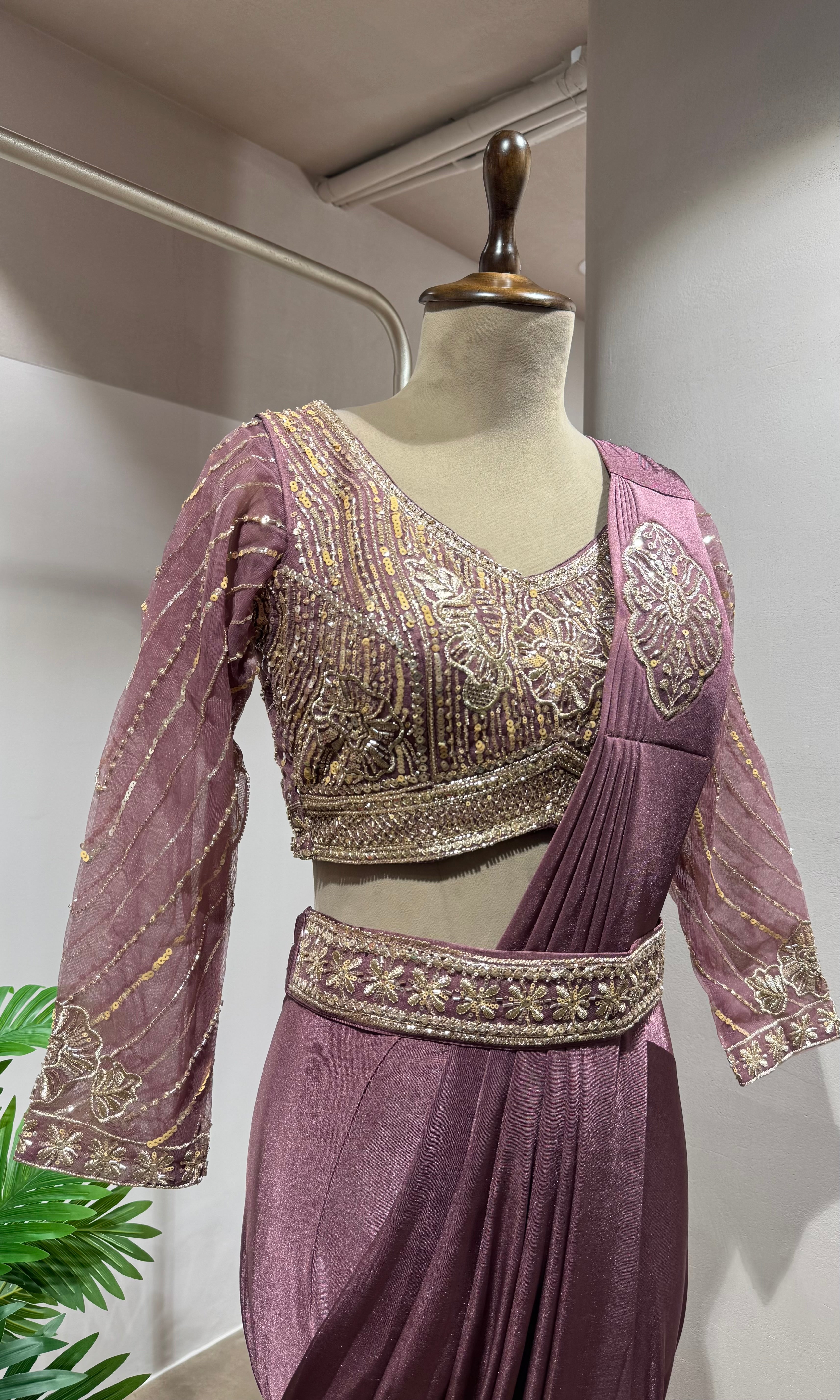 WINE DRAPE SAREE WITH ETHNIC BLOUSE & BELT