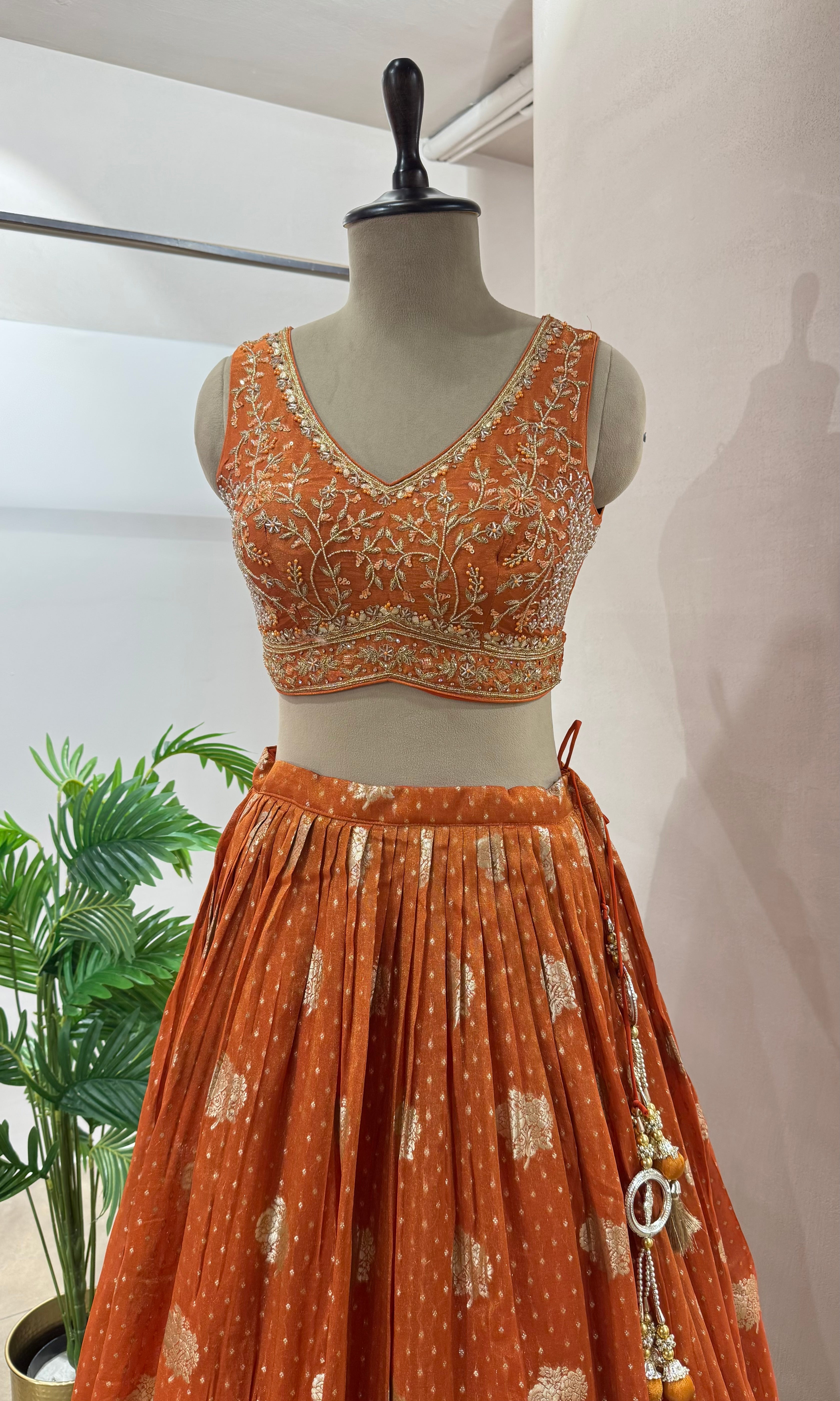 RUST GOLDEN LEHENGA WITH STRIPED DUPATTA