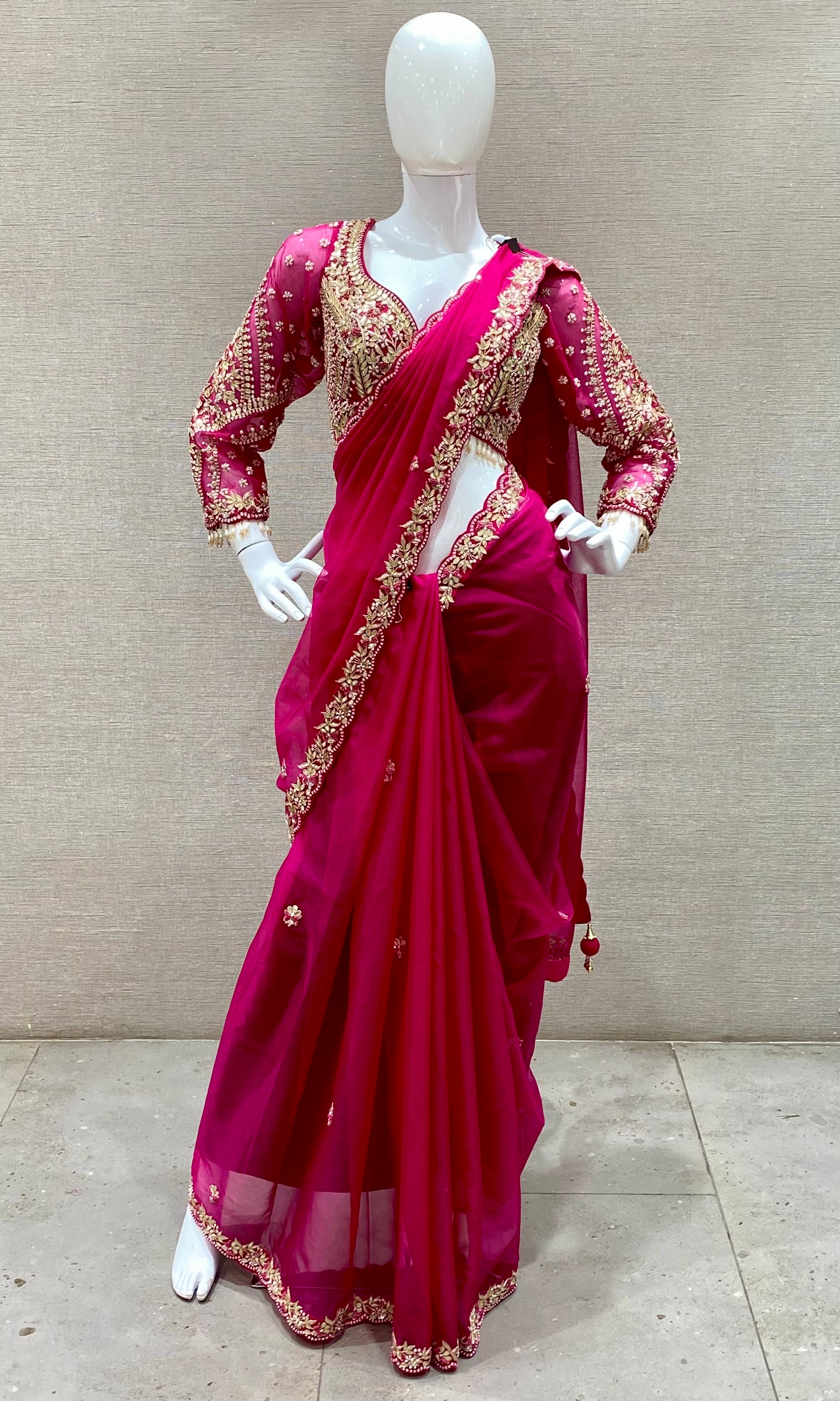 Pink saree with ready blouse