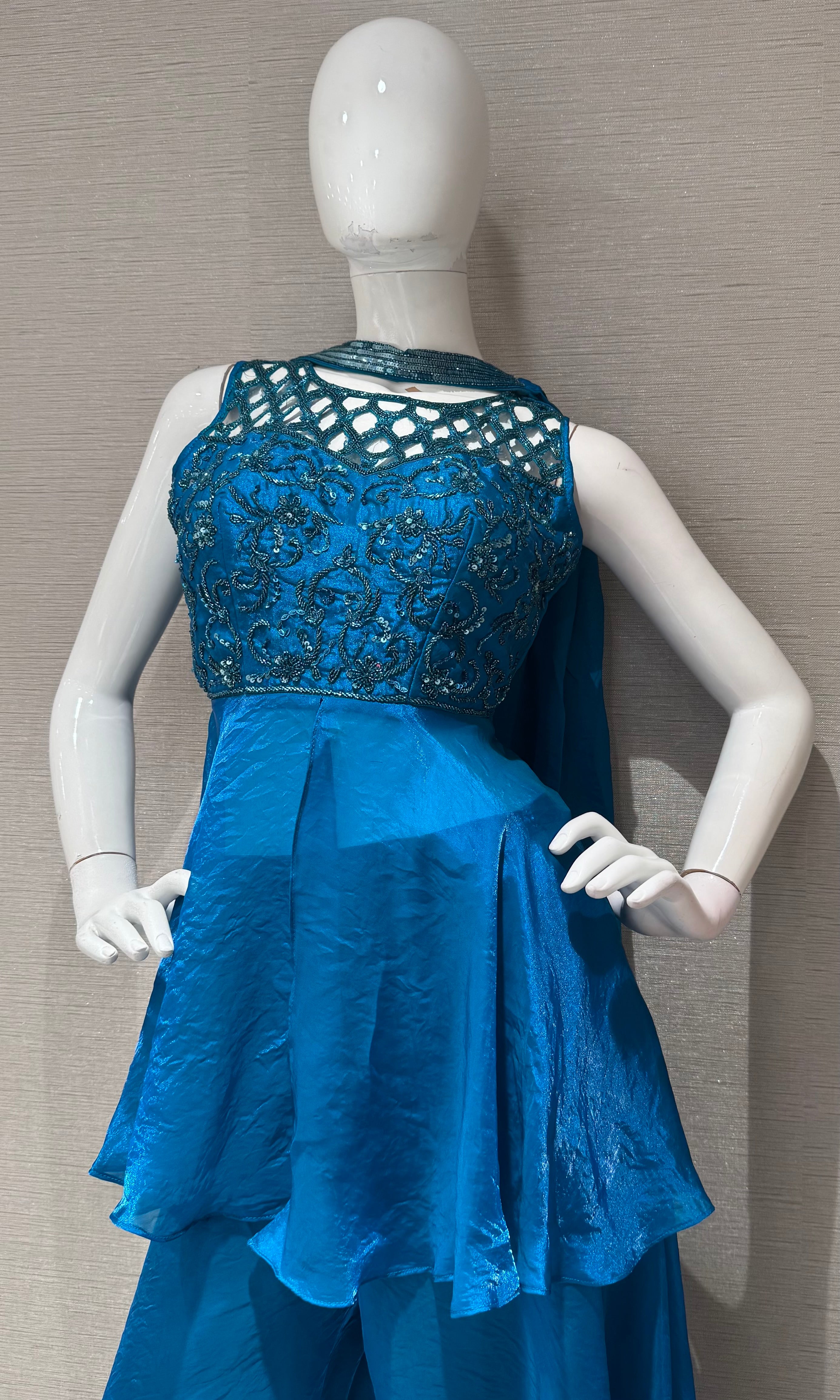 Rama Blue Lace Bodice Peplum Palazzo set