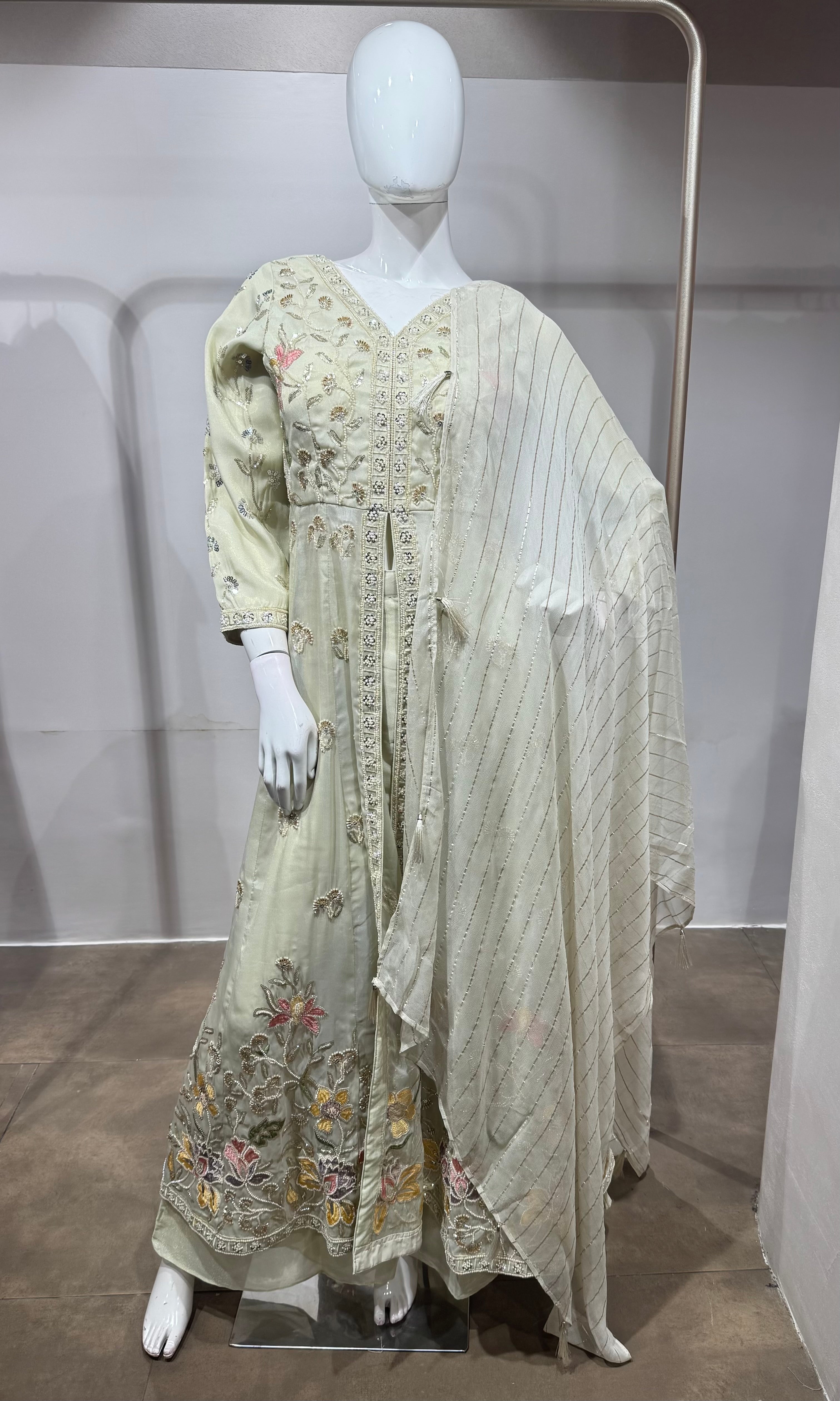 cream embroidered front-slit anarkali set